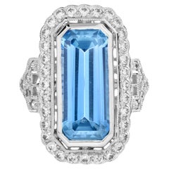 Elongated Emerald Cut Blue Topaz & Diamond Halo Set 14K White Gold Ring