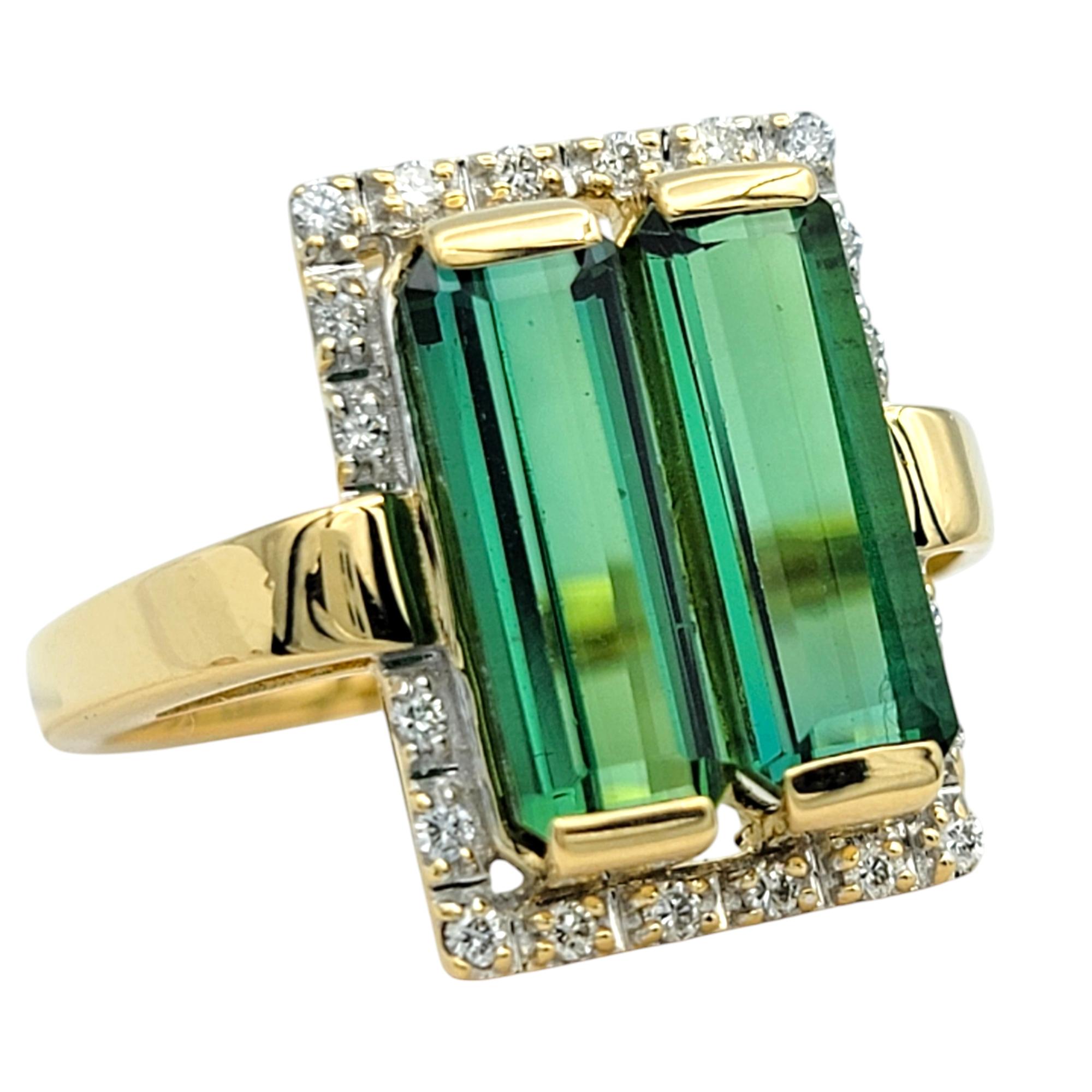 Ring Size: 7 
 
Make a bold and sophisticated statement with this elegant double tourmaline and diamond cocktail ring, a masterpiece of elegance and luxury. The centerpiece is two stunning elongated emerald-cut tourmalines, radiating with a rich,
