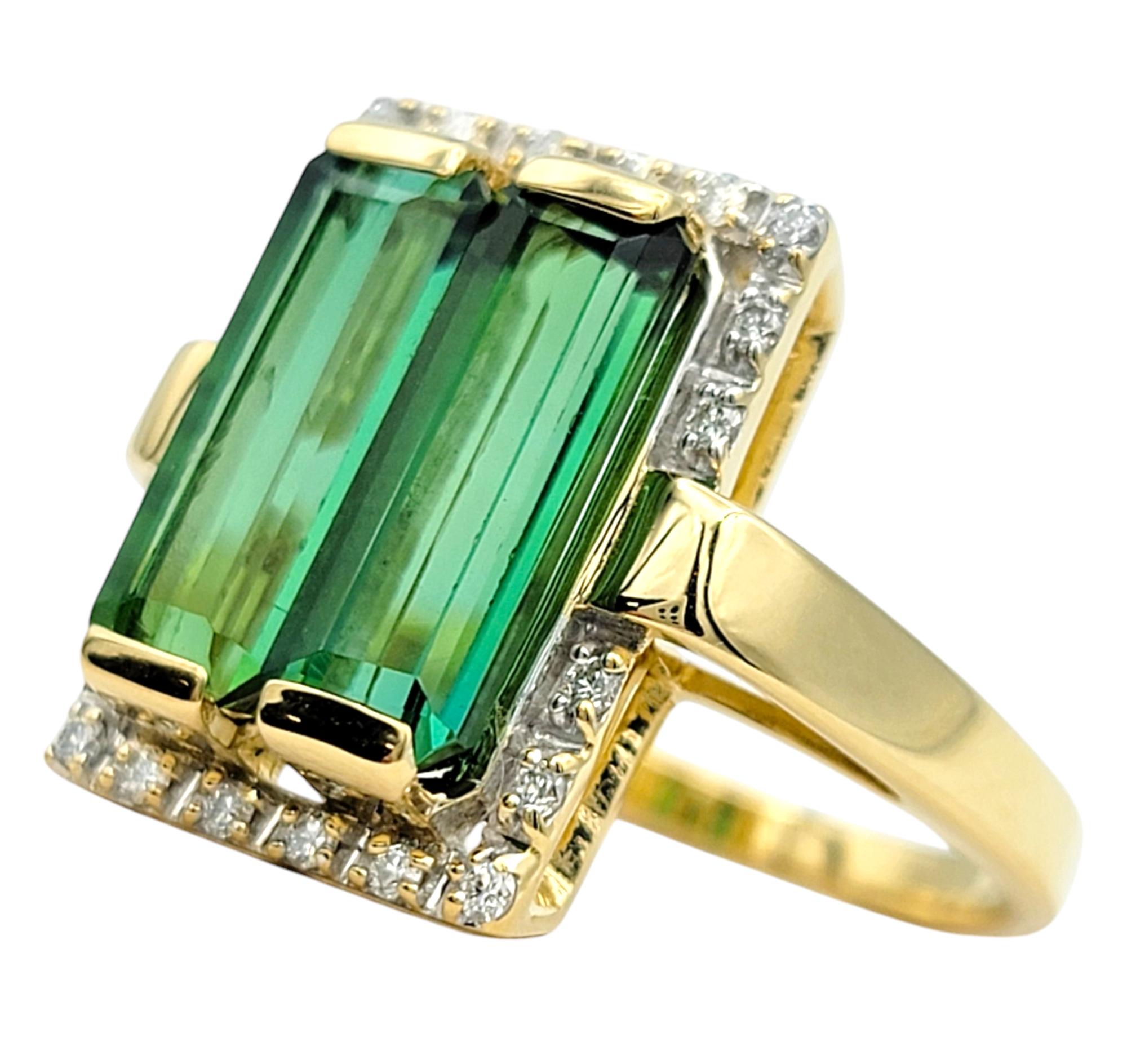 Contemporary Elongated Emerald Cut Tourmaline & Diamond Halo Cocktail Ring in 18 Karat Gold For Sale