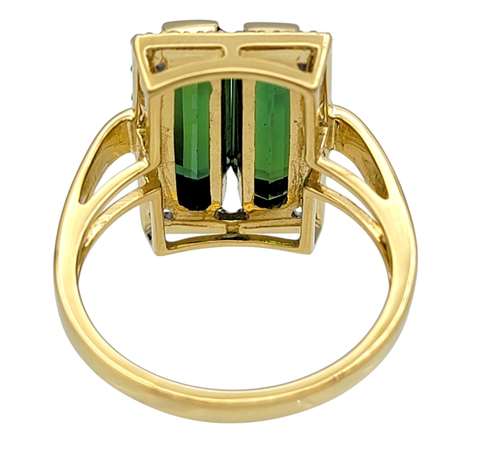 Elongated Emerald Cut Tourmaline & Diamond Halo Cocktail Ring in 18 Karat Gold In Good Condition For Sale In Scottsdale, AZ