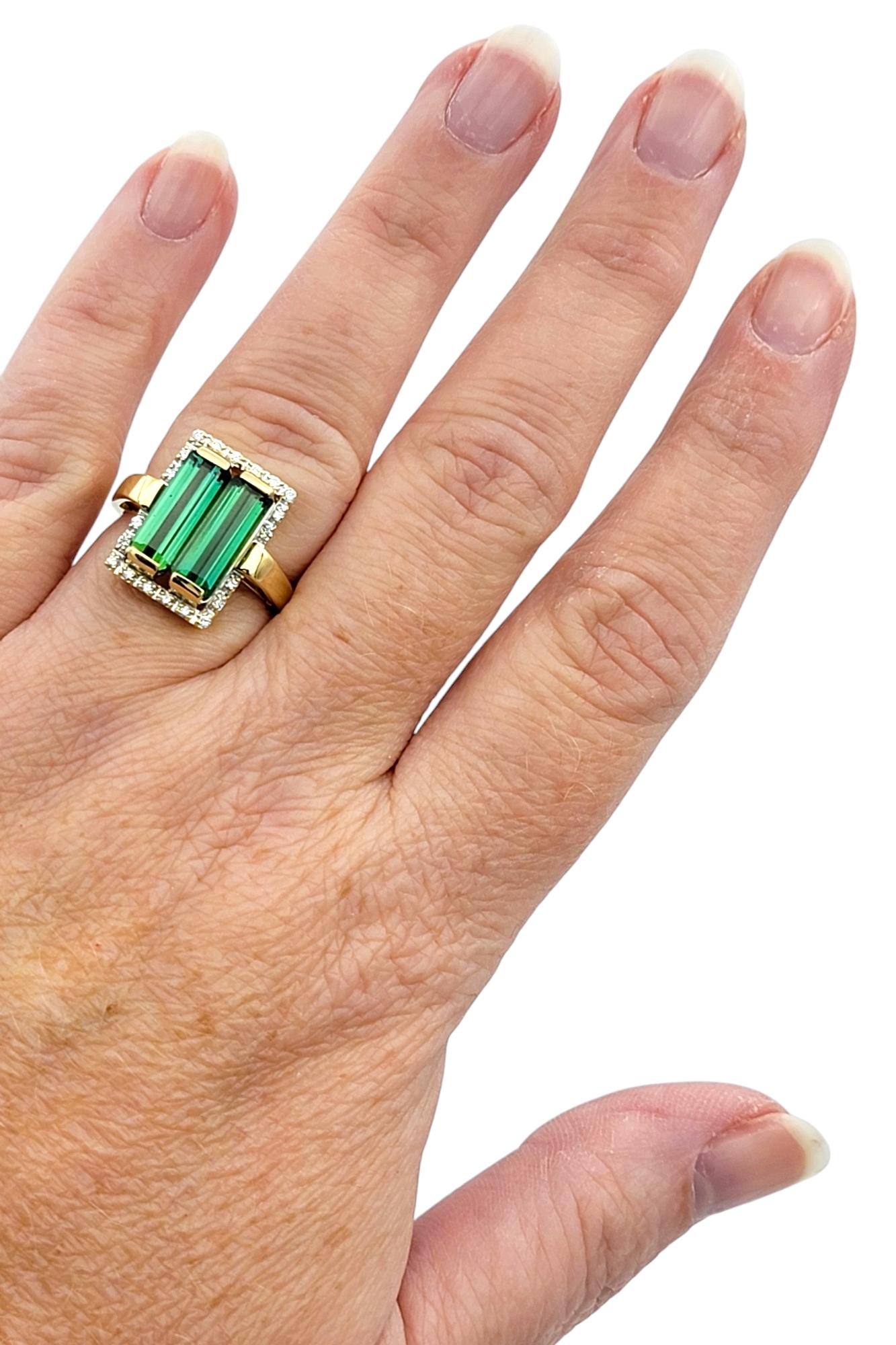 Elongated Emerald Cut Tourmaline & Diamond Halo Cocktail Ring in 18 Karat Gold For Sale 1