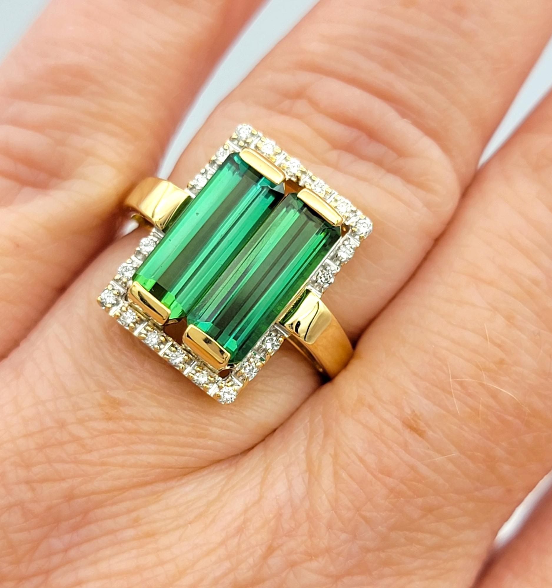 Elongated Emerald Cut Tourmaline & Diamond Halo Cocktail Ring in 18 Karat Gold For Sale 2