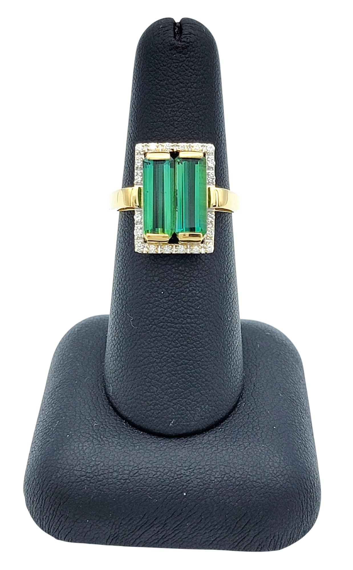 Elongated Emerald Cut Tourmaline & Diamond Halo Cocktail Ring in 18 Karat Gold For Sale 3