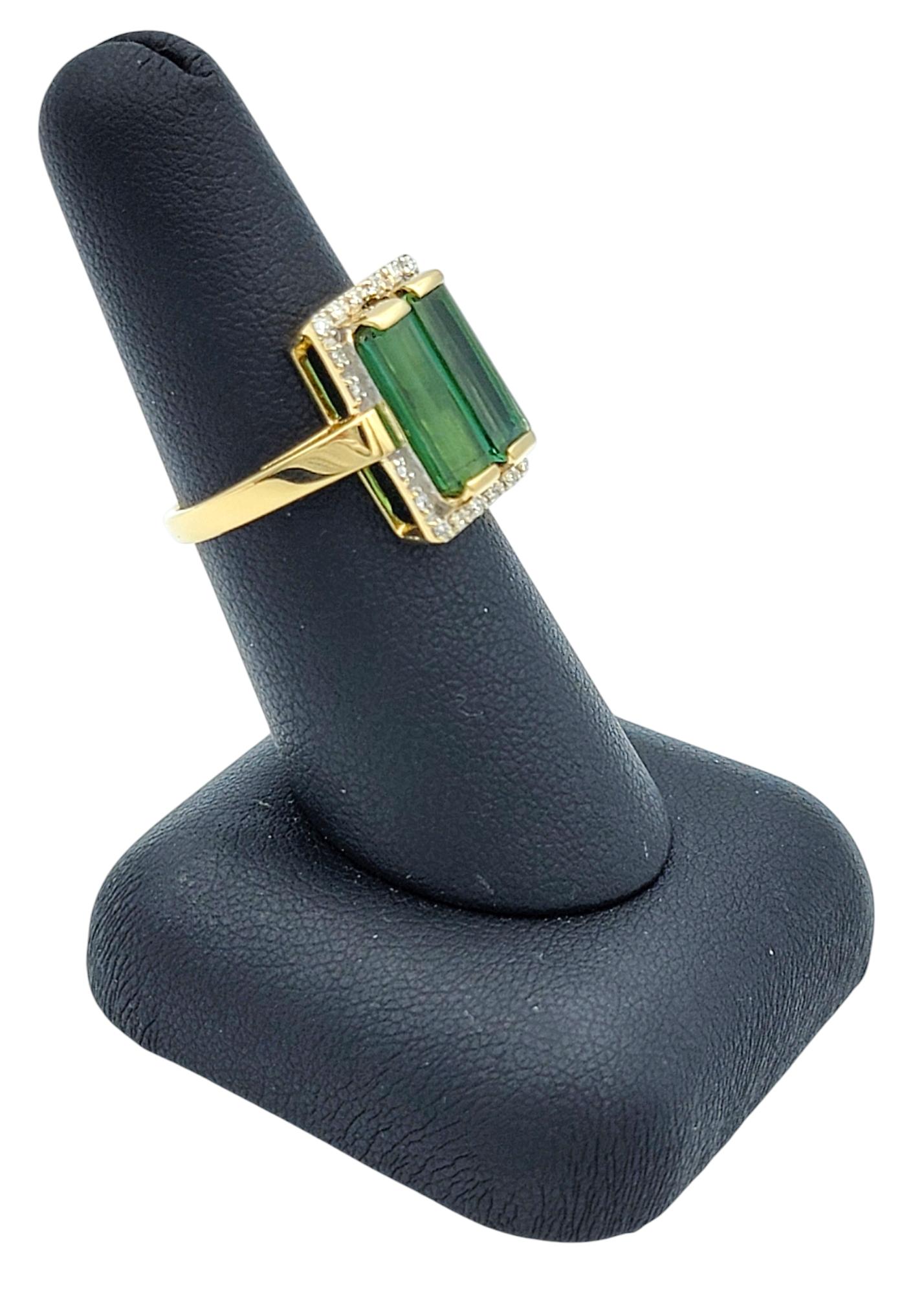 Elongated Emerald Cut Tourmaline & Diamond Halo Cocktail Ring in 18 Karat Gold For Sale 4