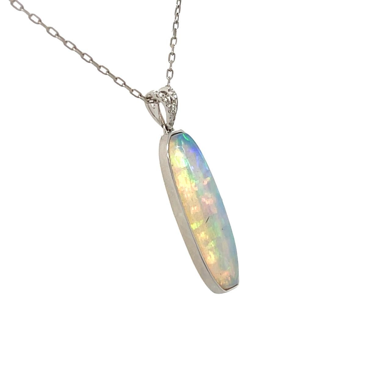 Elongated Ethiopian Opal and Diamond Pendant in 14KW Gold In New Condition For Sale In New York, NY