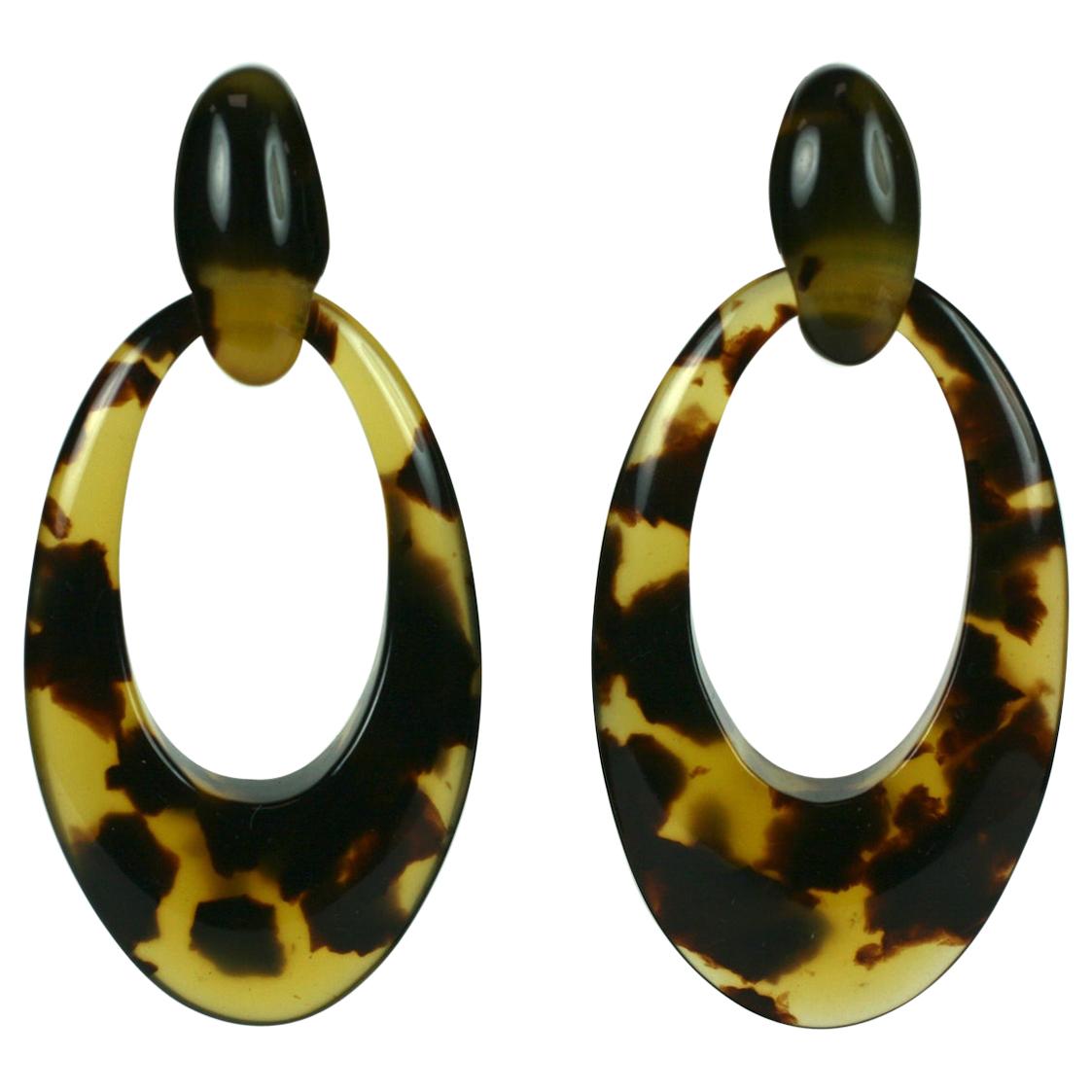 Elongated Faux Tortoiseshell Hoop Earrings For Sale