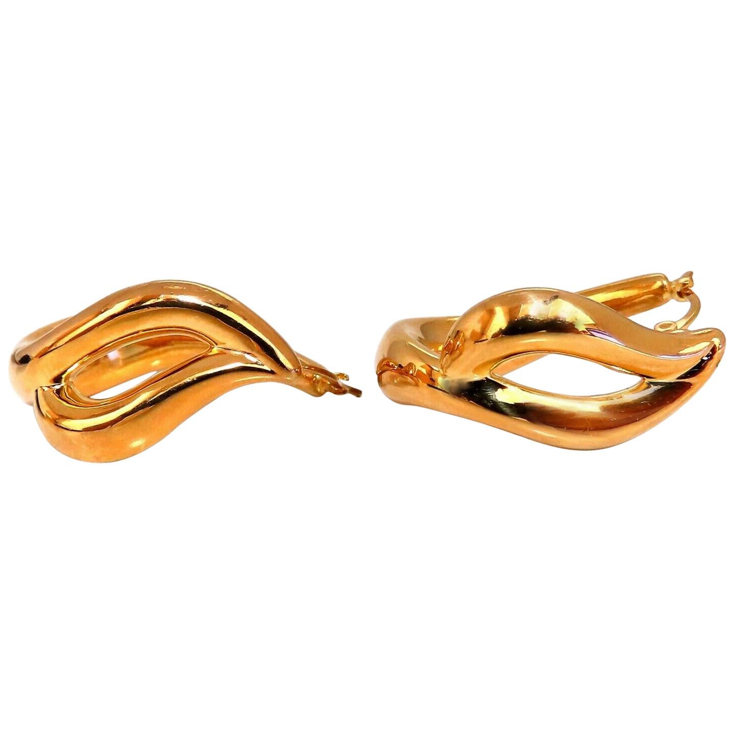 Elongated Flaming Hoop Gold Earrings 14 Karat For Sale