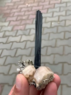 Elongated Free Standing Schorl Black Tourmaline Crystal on Apatite from Pakistan