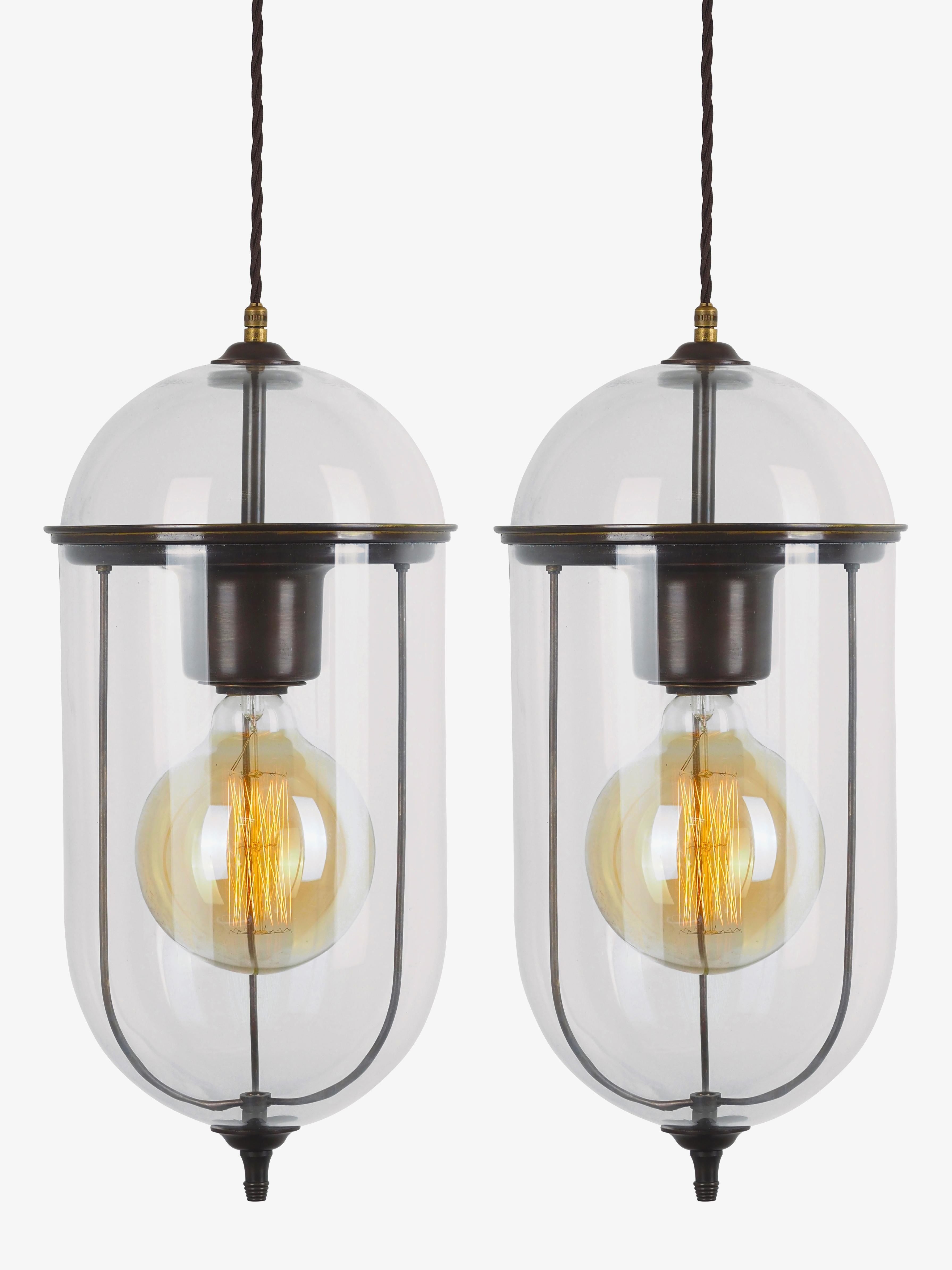 Elongated Glass and Bronze Pair Pendant Lights, Italy, Contemporary