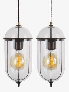 Elongated Glass and Bronze Pair Pendant Lights, Italy, Contemporary
