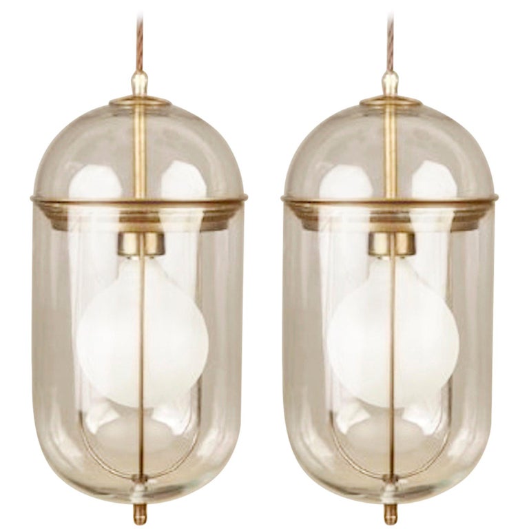 Pair Of Elongated Gl And Bronze Pendant Lights Italy Contemporary Pair Of Elongated Gl And Bronze Pendant Lights Italy Contemporary