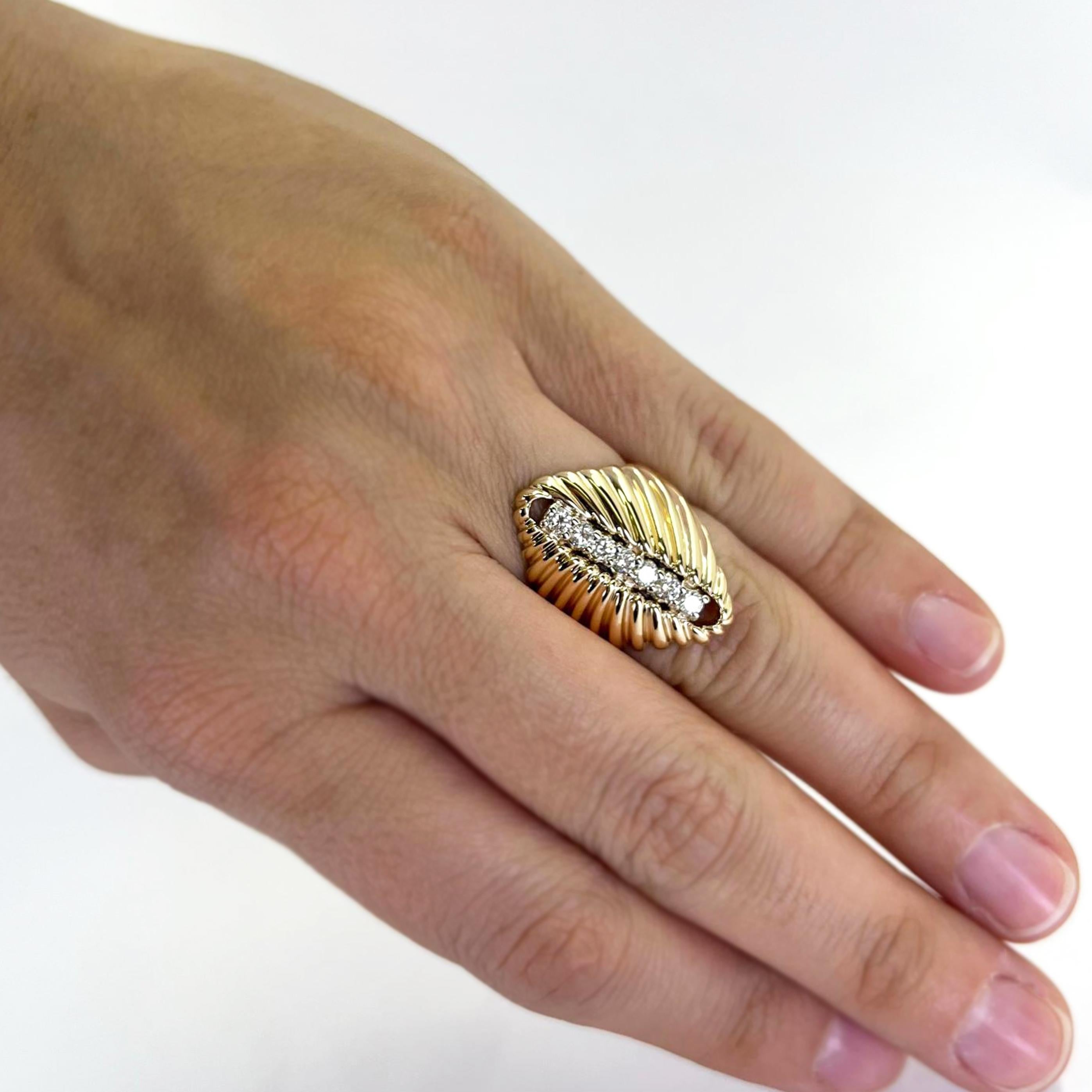 14 Karat Yellow Gold Ring Featuring 7 Round Brilliant Cut Diamonds of VS Clarity and H Color Totaling Approximately 0.50 Carats. Tapered Ribbed Design, Finger Size 5.75. Includes One Sizing Service Prior to Shipping, Upon Request. Finished Weight is