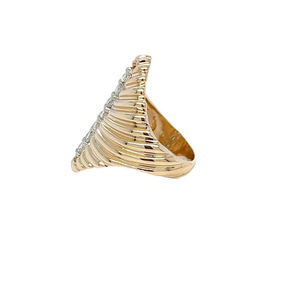 Round Cut Elongated Gold Carved Wave Ring with Diamond Line Accent For Sale