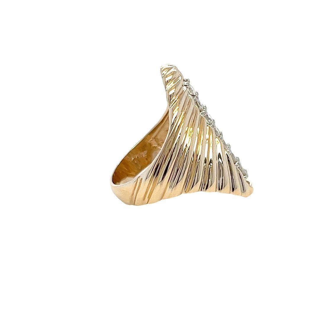 Women's Elongated Gold Carved Wave Ring with Diamond Line Accent For Sale