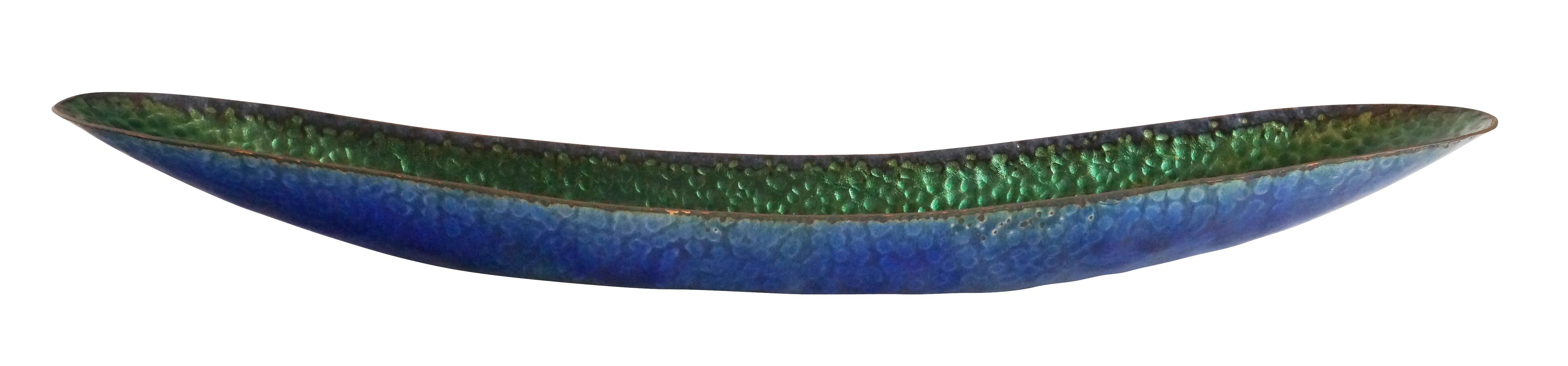 Elongated green and blue enamel dish. 

Condition: Excellent, minor wear consistent with age and use.

Width: 20.5”

Depth: 3.5”

Height: 3”