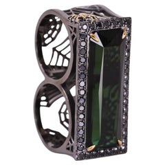 Elongated Green Black Tourmaline Spider Ring with Black Diamond Halo 