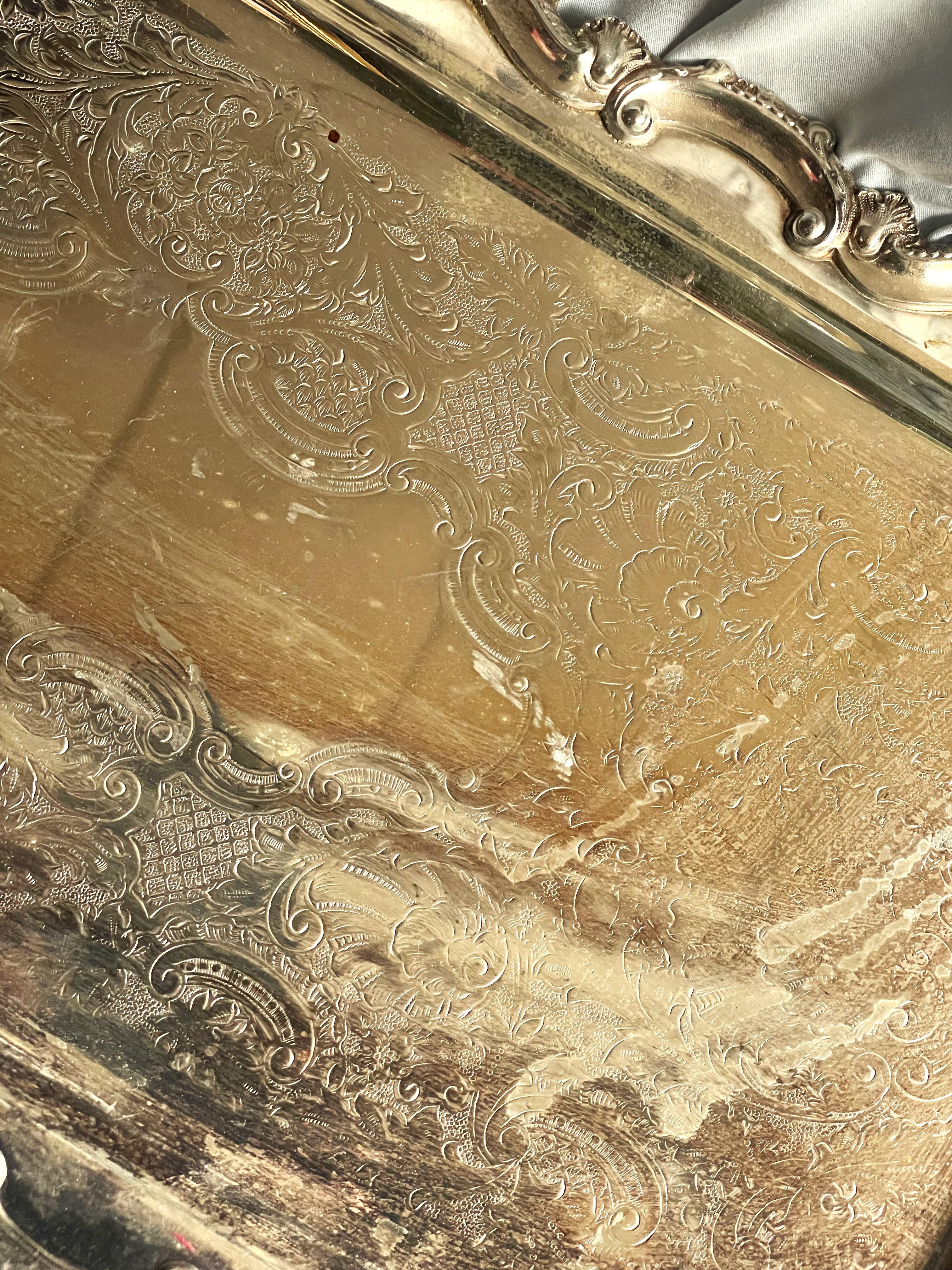 Elongated Handled Footed Serving Bar Tray EPCA Bristol Silverplate by Poole 132 In Good Condition In Clifton Forge, VA