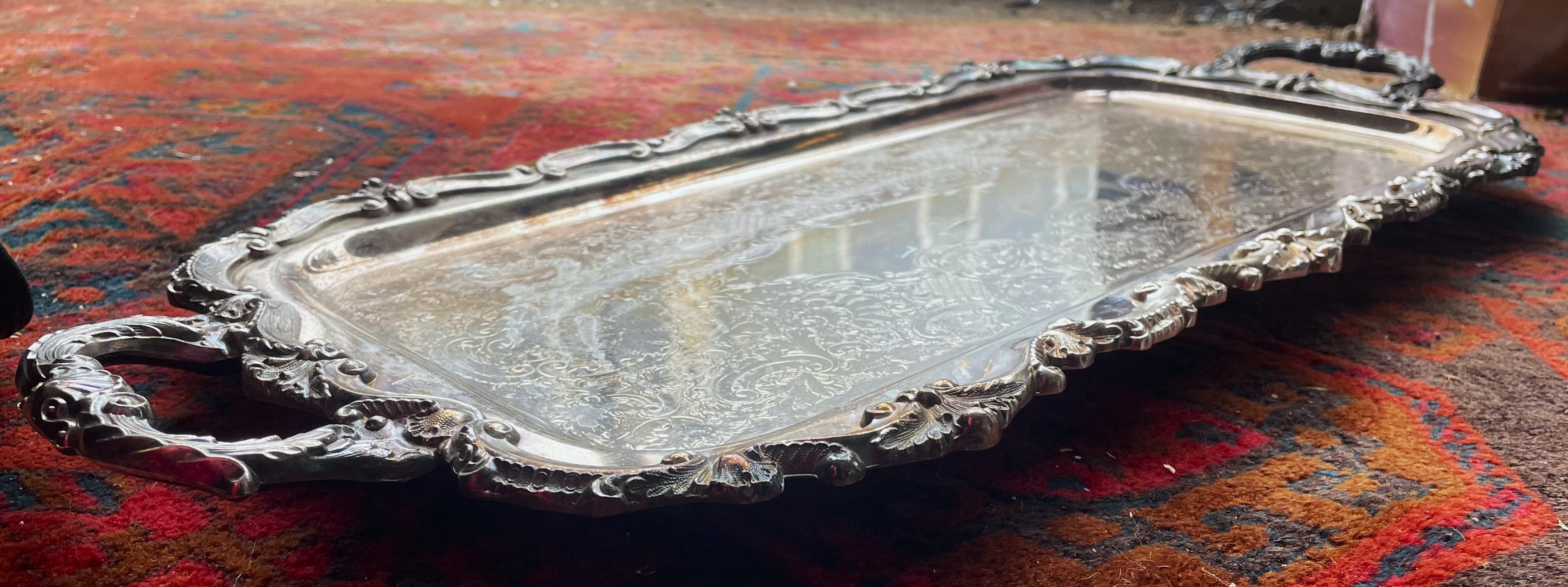 Silver Plate Elongated Handled Footed Serving Bar Tray EPCA Bristol Silverplate by Poole 132