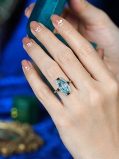 Elongated Hexagon Blue Topaz Diamond Sapphire Art Deco Style Ring in 14K Gold