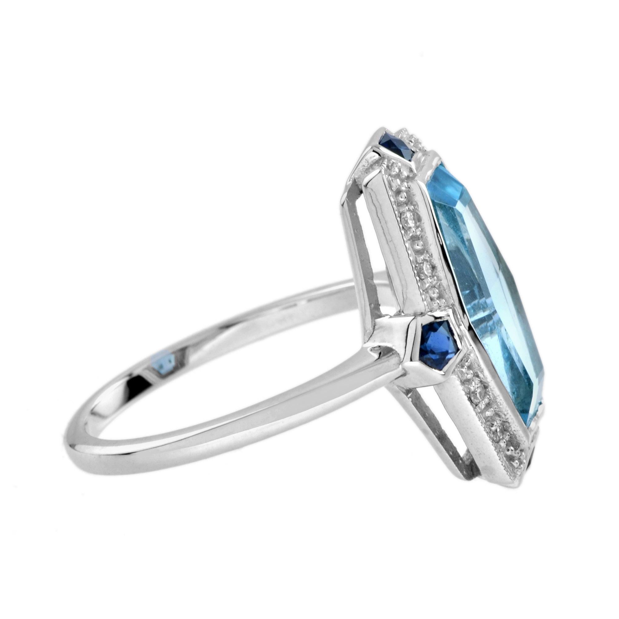 For Sale:  Elongated Hexagon Blue Topaz Diamond Sapphire Art Deco Style Ring in 14k Gold 5