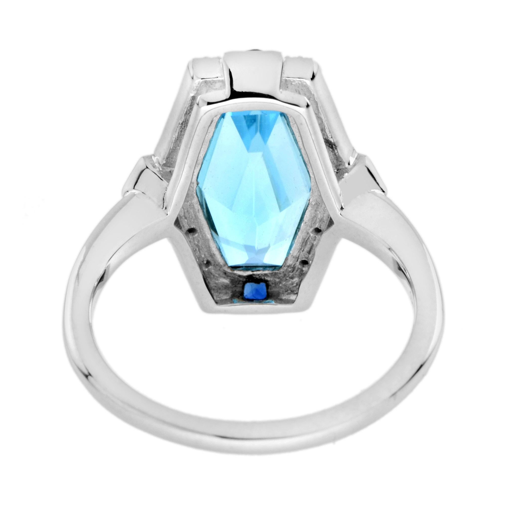 For Sale:  Elongated Hexagon Blue Topaz Diamond Sapphire Art Deco Style Ring in 14k Gold 6