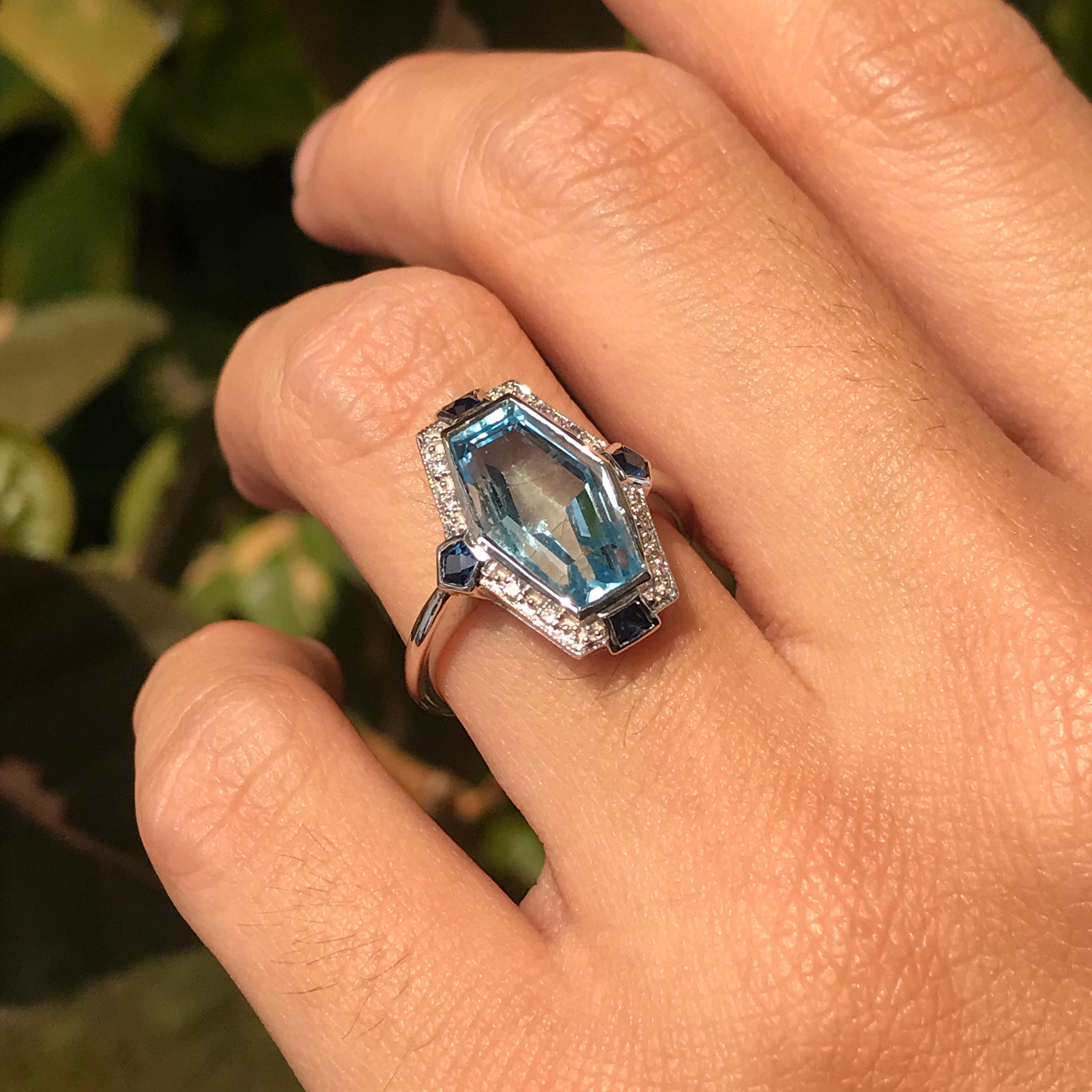 For Sale:  Elongated Hexagon Blue Topaz Diamond Sapphire Art Deco Style Ring in 14k Gold 3