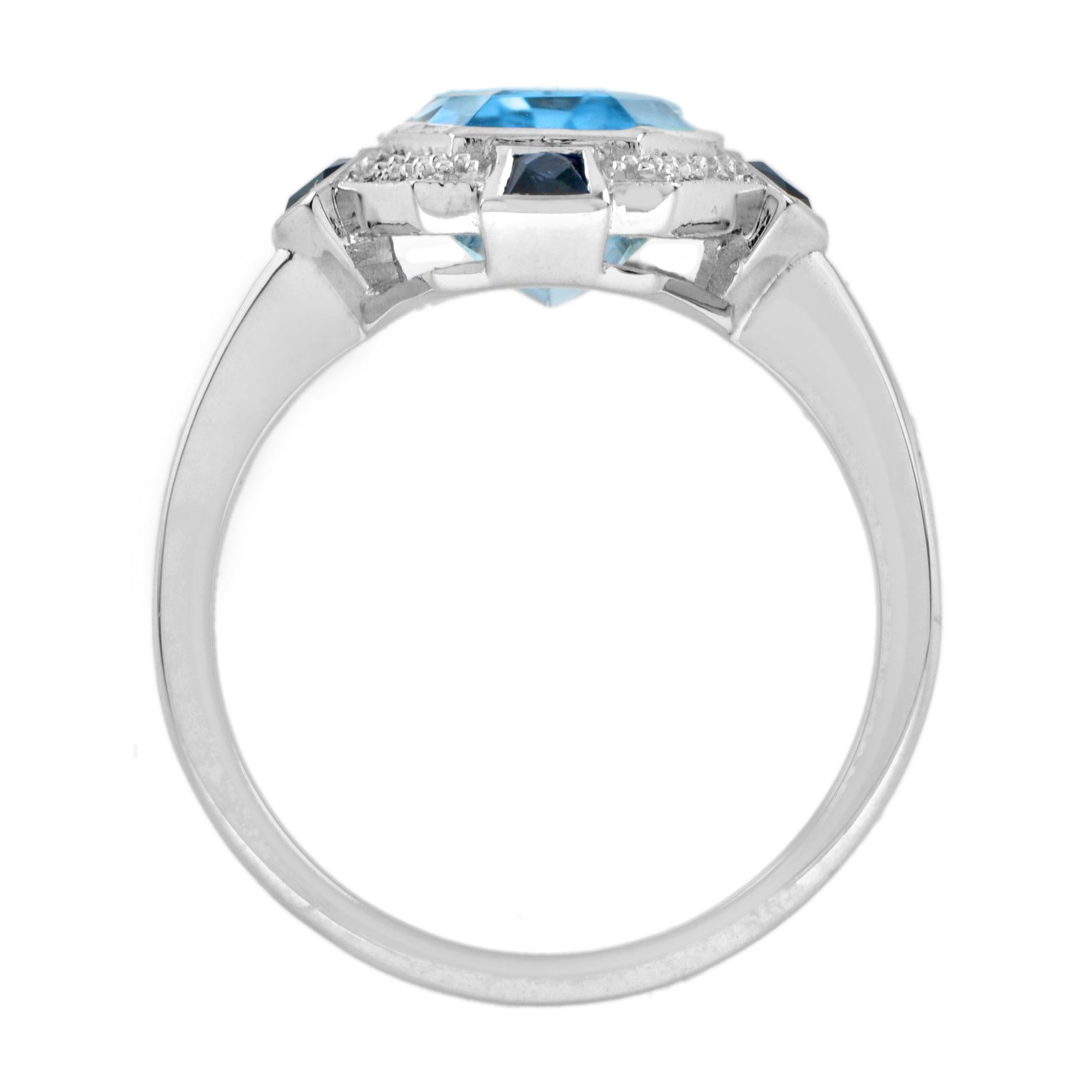 For Sale:  Elongated Hexagon Blue Topaz Diamond Sapphire Art Deco Style Ring in 14k Gold 7
