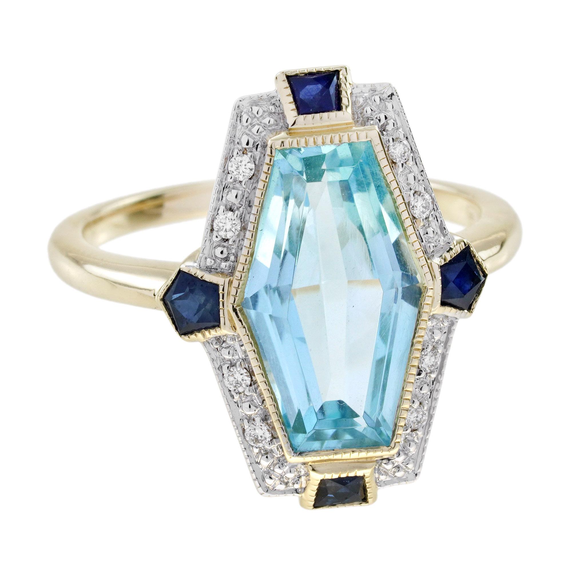 Anillo Estilo Art Déco Hexágono Alargado Topacio Azul Zafiro Diamante en Oro de 14K en Nuevo estado para la venta en Bangkok, TH
