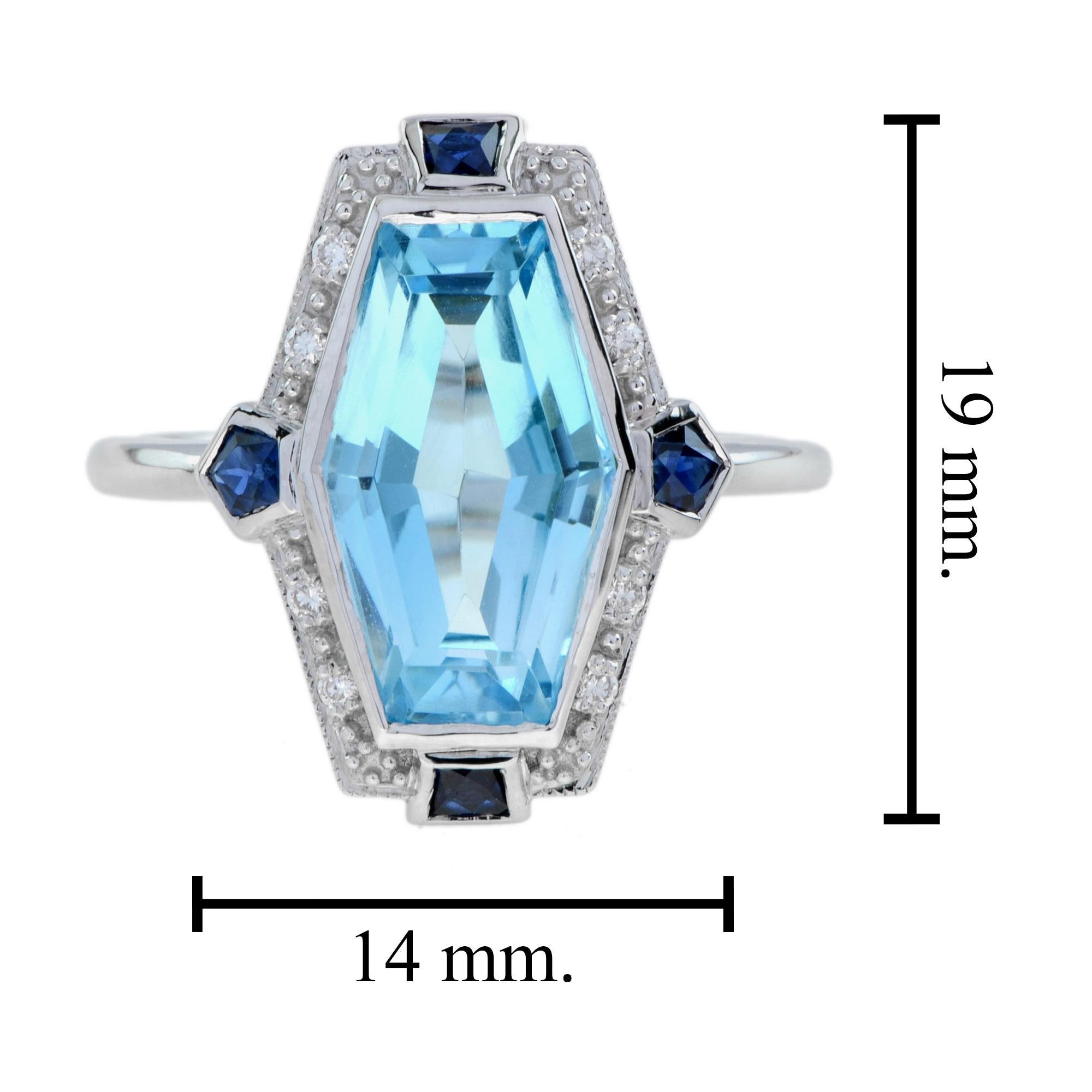 For Sale:  Elongated Hexagon Blue Topaz Diamond Sapphire Art Deco Style Ring in 14k Gold 8