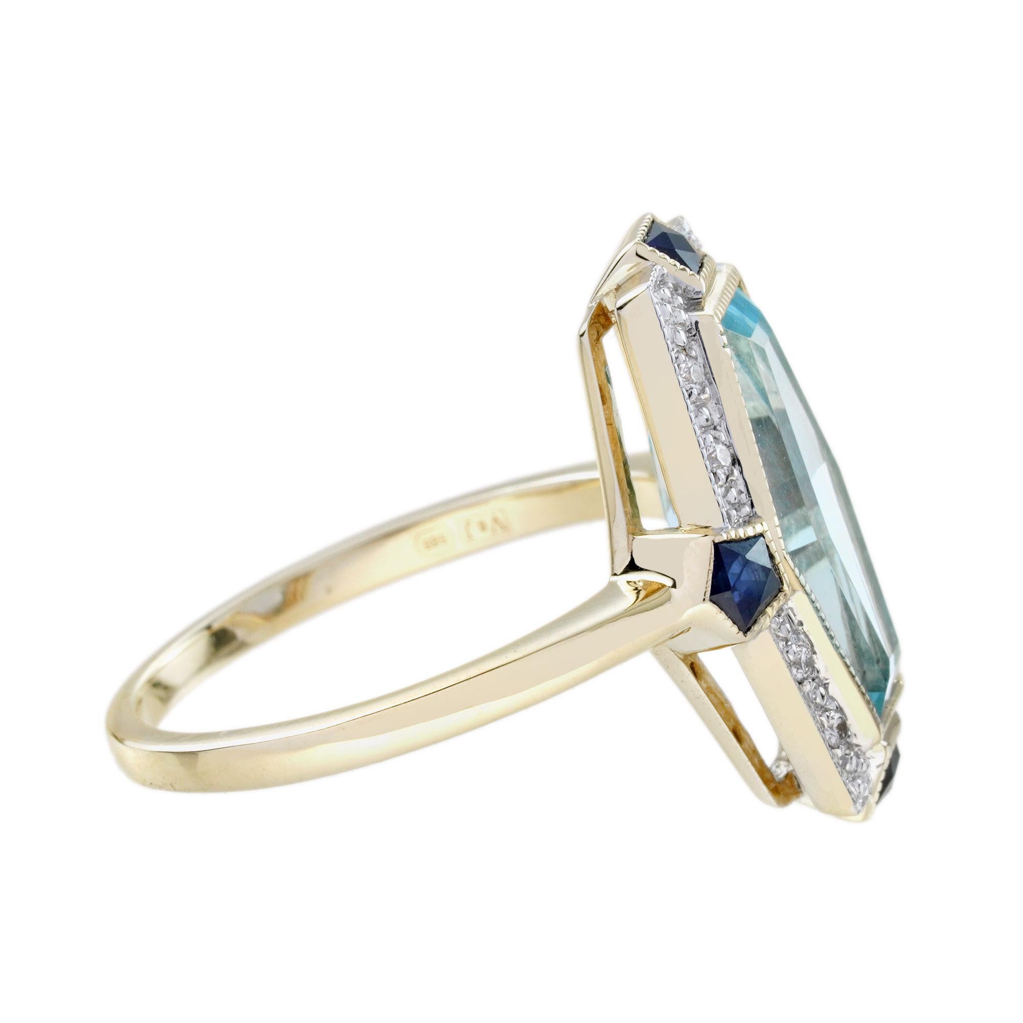 De las mujeres Anillo Estilo Art Déco Hexágono Alargado Topacio Azul Zafiro Diamante en Oro de 14K en venta