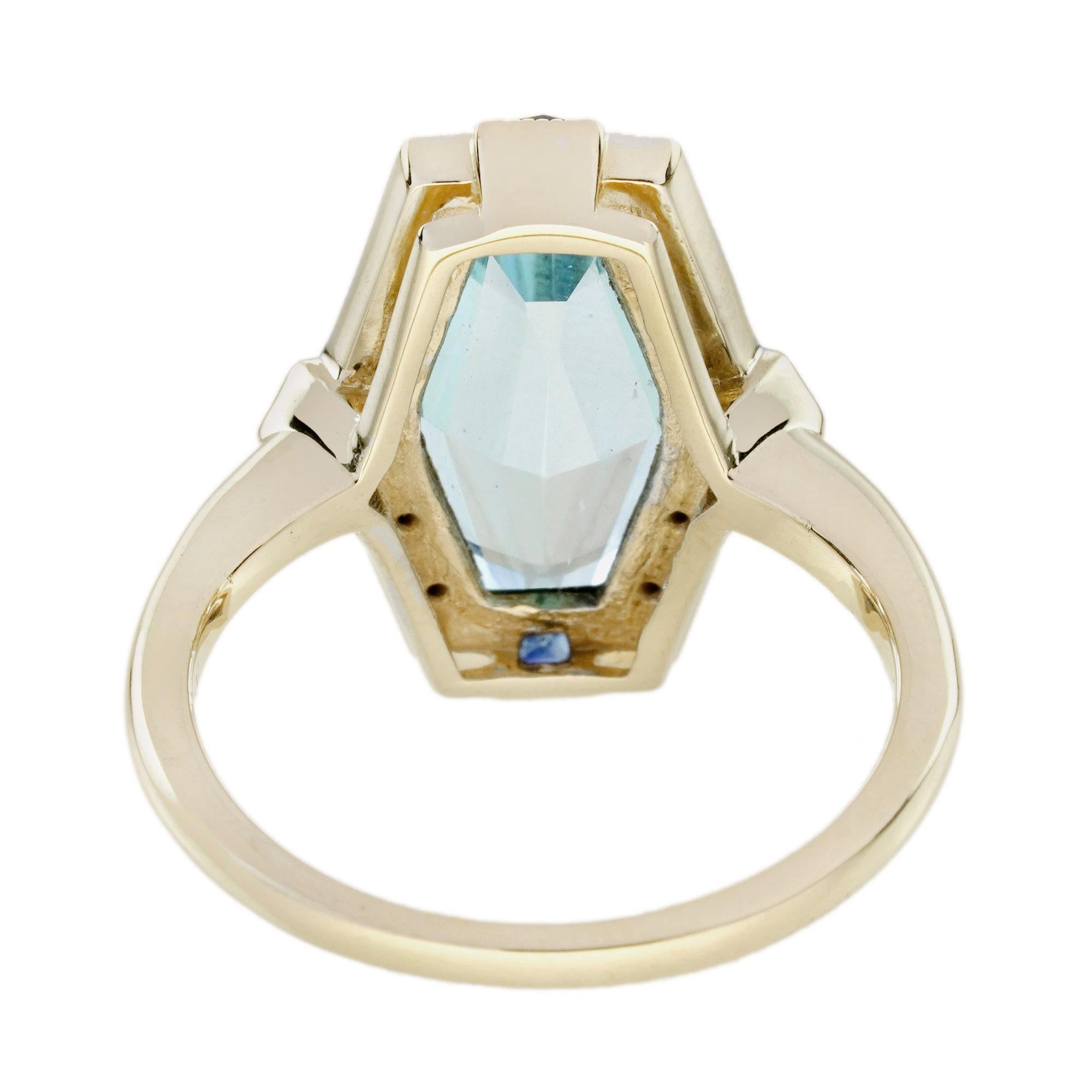 Anillo Estilo Art Déco Hexágono Alargado Topacio Azul Zafiro Diamante en Oro de 14K en venta 1