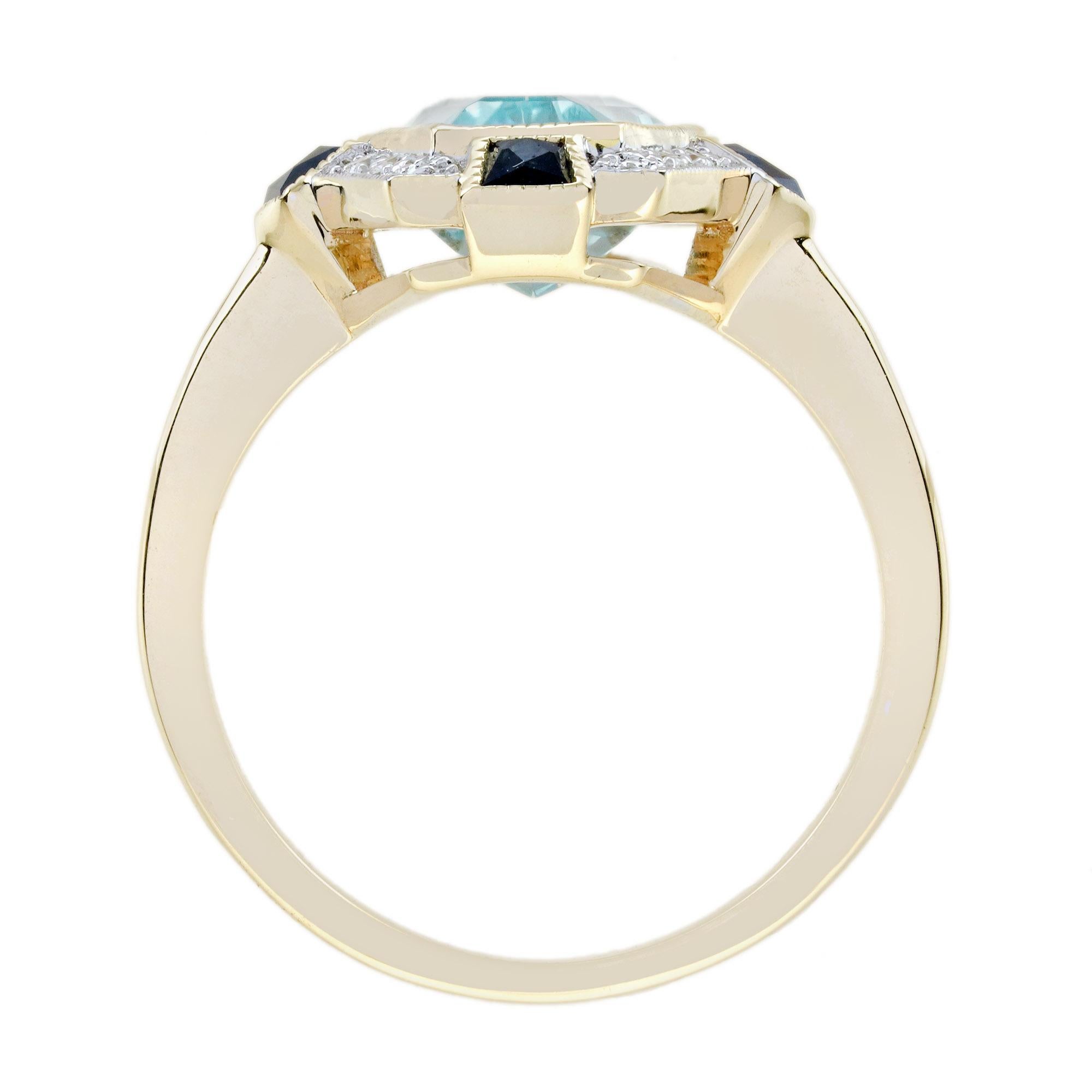 Anillo Estilo Art Déco Hexágono Alargado Topacio Azul Zafiro Diamante en Oro de 14K en venta 2