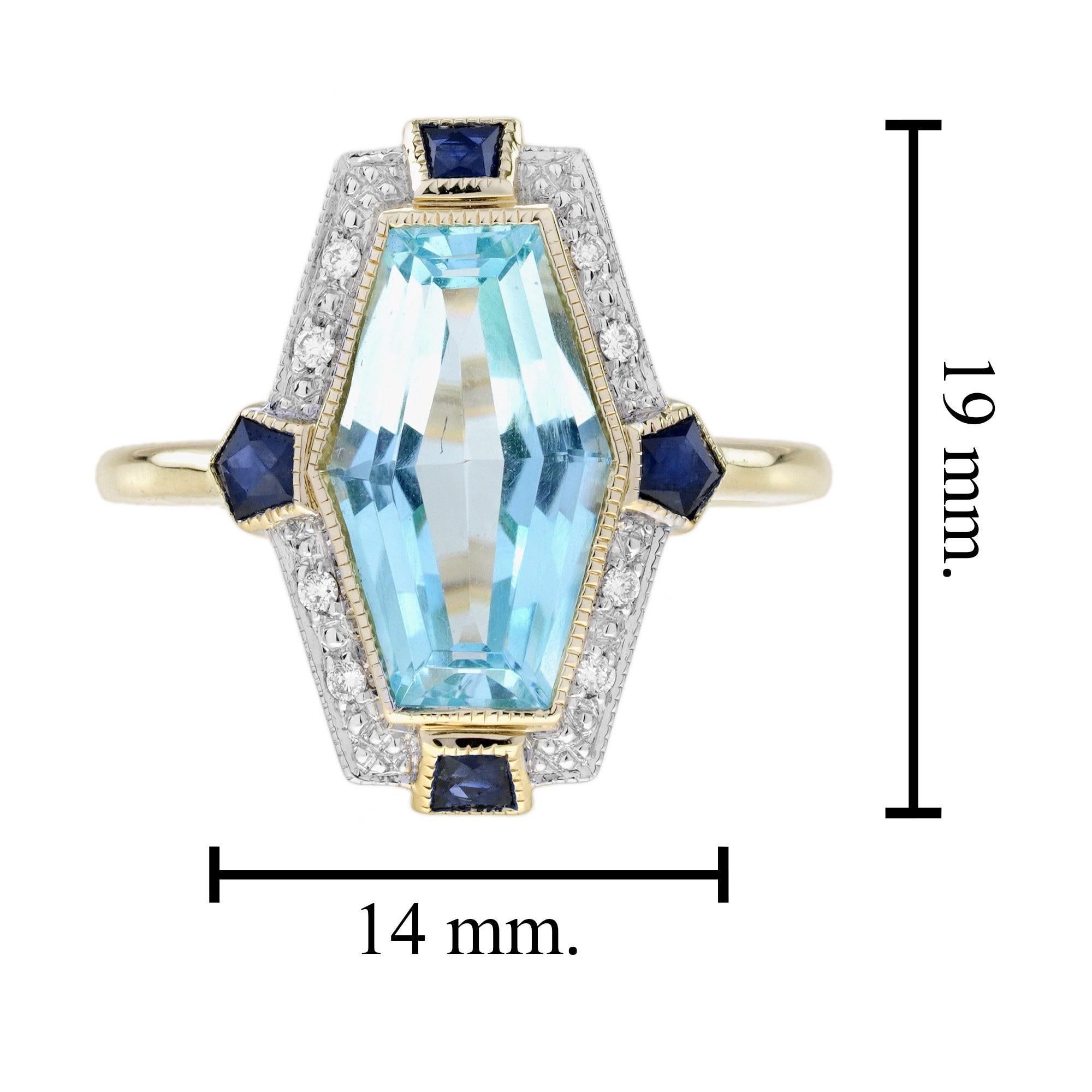 Anillo Estilo Art Déco Hexágono Alargado Topacio Azul Zafiro Diamante en Oro de 14K en venta 3