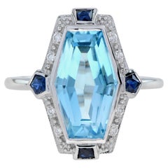 Elongated Hexagon Blue Topaz Diamond Sapphire Art Deco Style Ring in 14k Gold