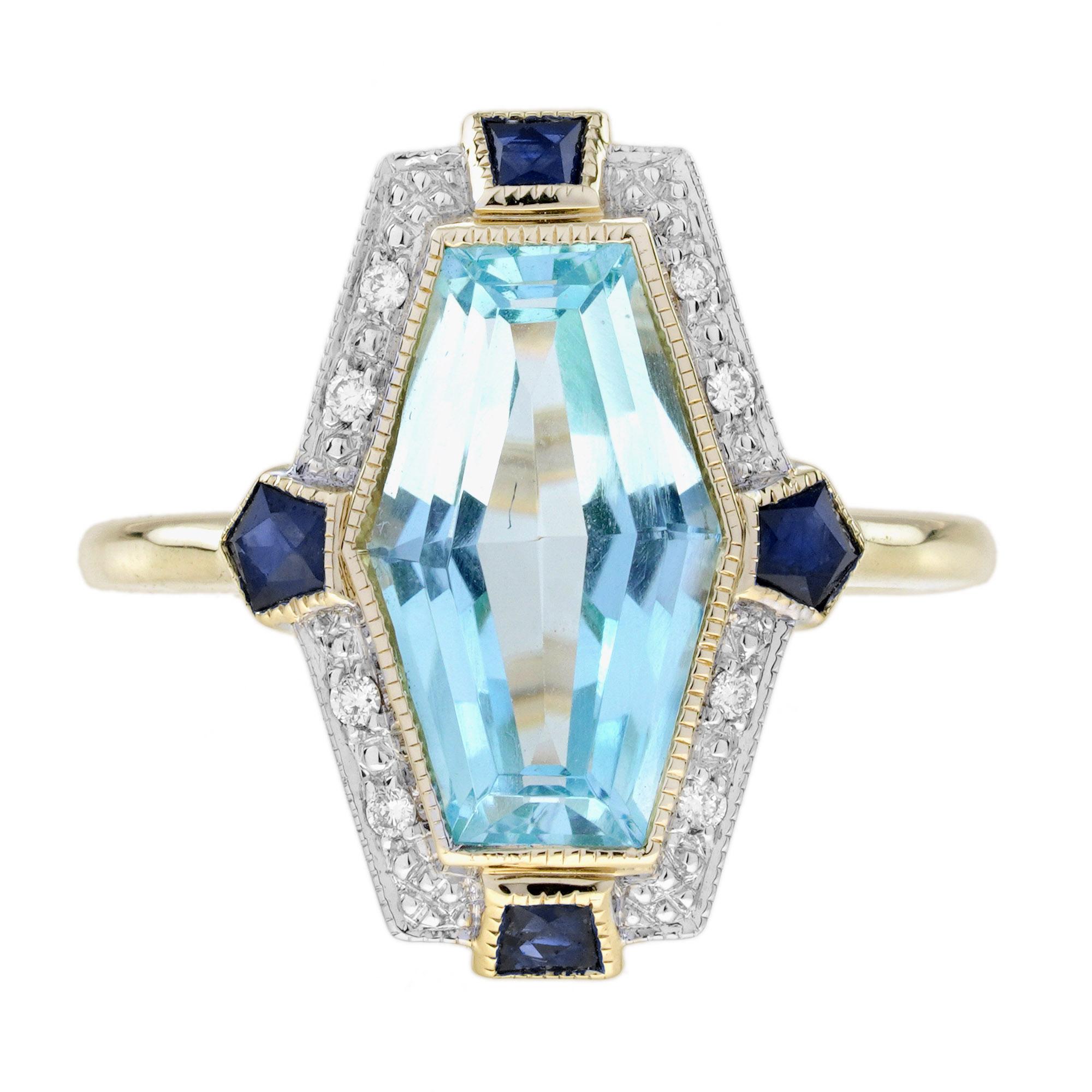 Elongated Hexagon Blue Topaz Diamond Sapphire Art Deco Style Ring in 14K Gold