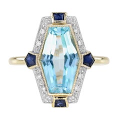 Elongated Hexagon Blue Topaz Diamond Sapphire Art Deco Style Ring in 14K Gold