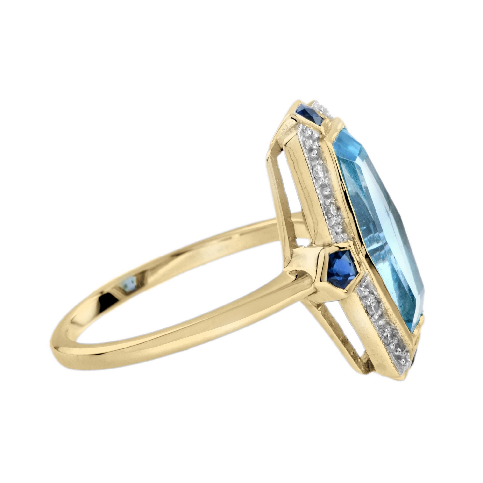 Elongated Hexagon Blue Topaz Diamond Sapphire Art Deco Style Ring in 9K gold In New Condition For Sale In Bangkok, TH