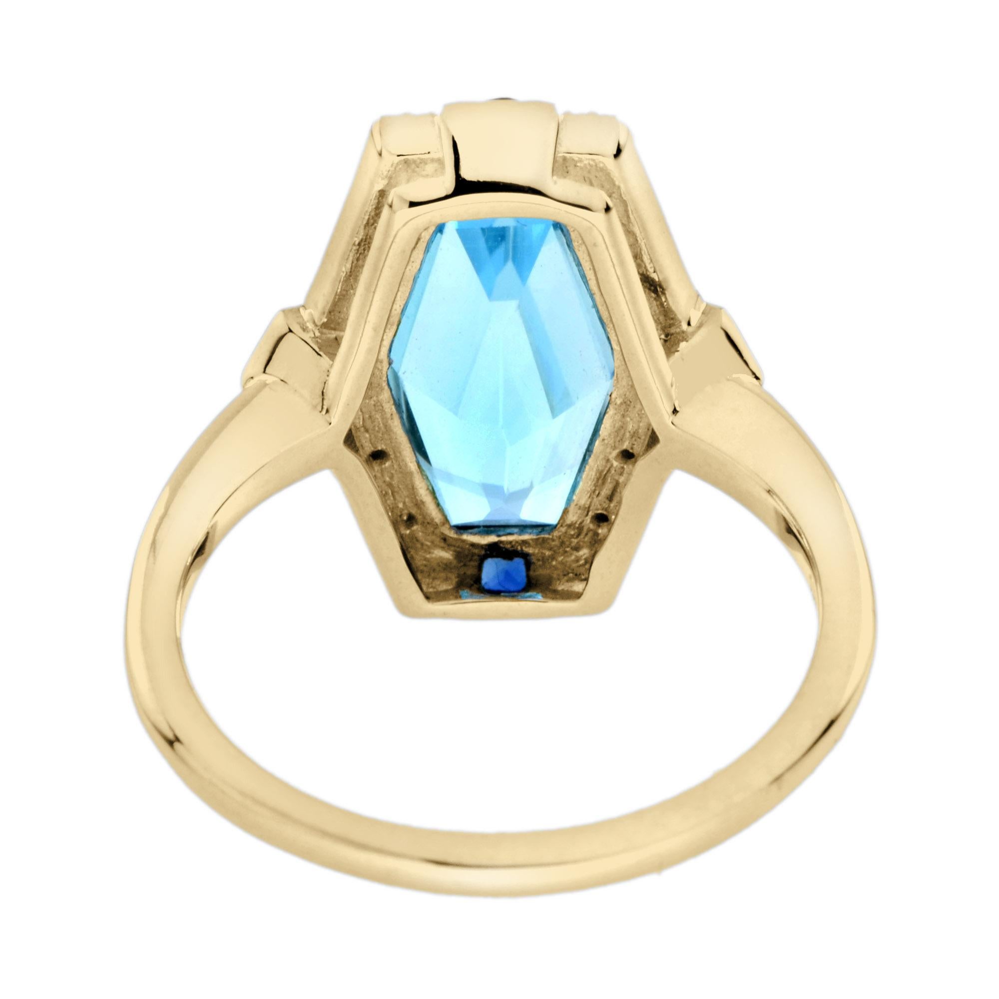 Women's Elongated Hexagon Blue Topaz Diamond Sapphire Art Deco Style Ring in 9K gold For Sale