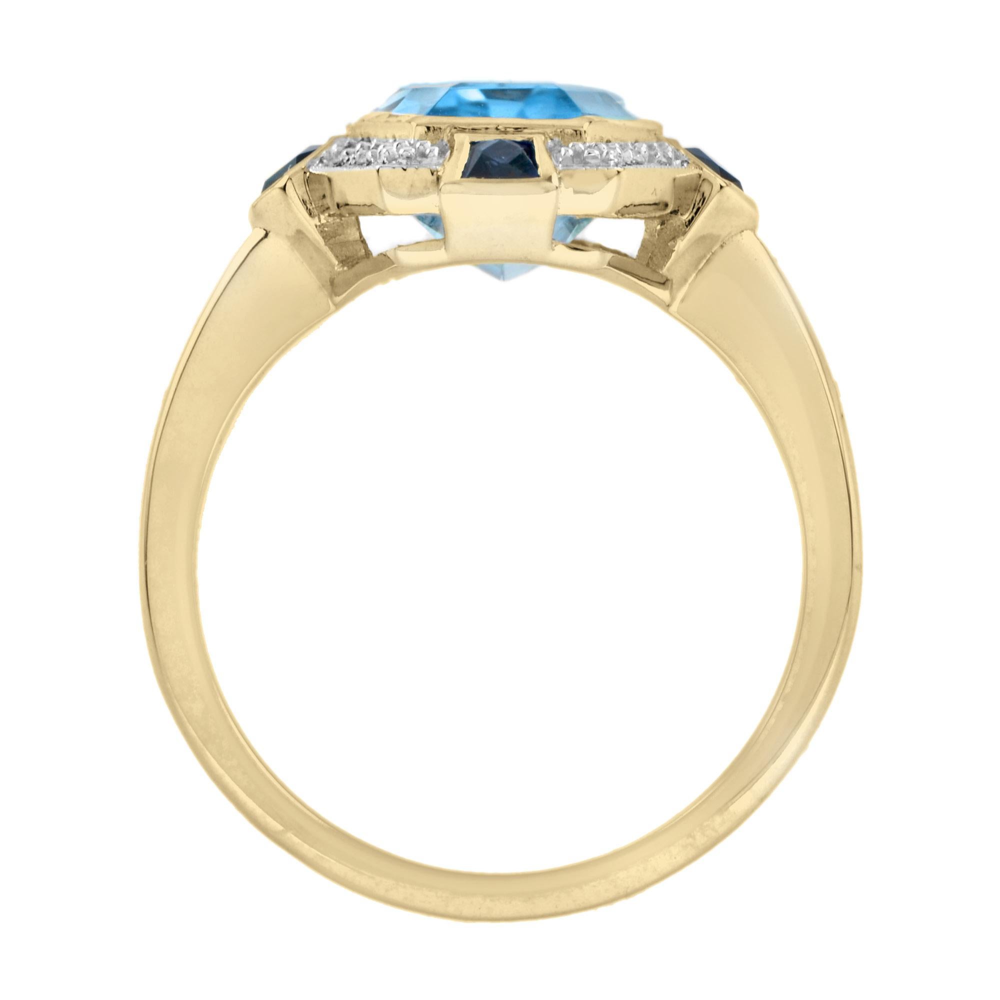 Elongated Hexagon Blue Topaz Diamond Sapphire Art Deco Style Ring in 9K gold For Sale 1