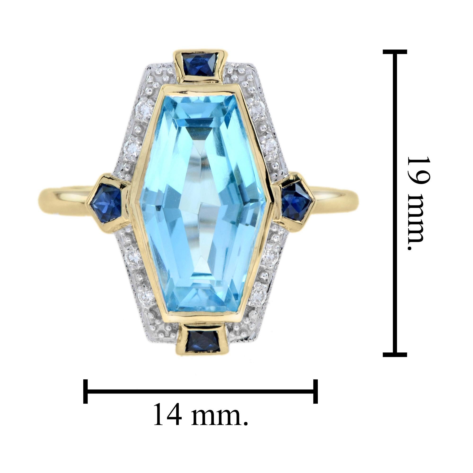Elongated Hexagon Blue Topaz Diamond Sapphire Art Deco Style Ring in 9K gold For Sale 2