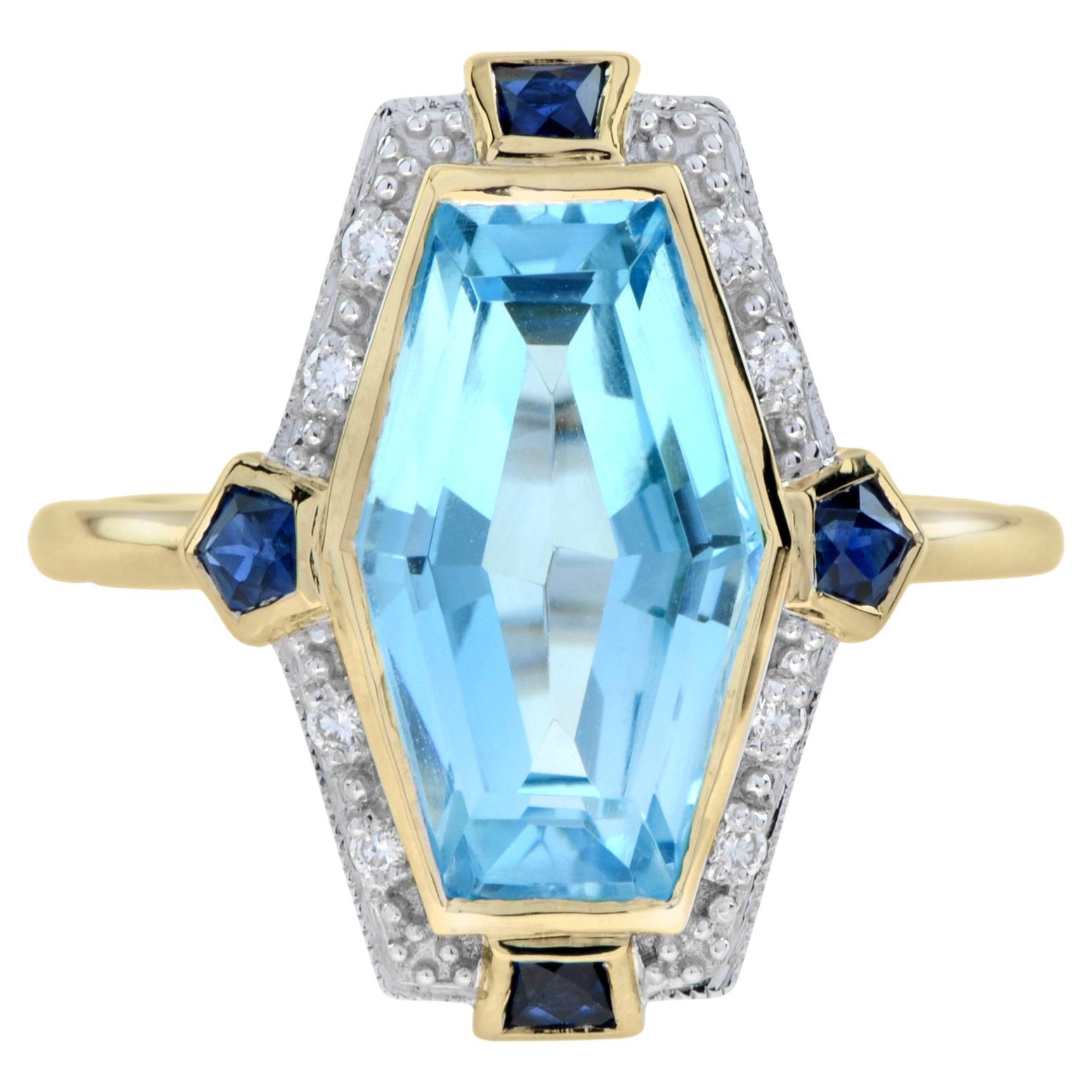 Elongated Hexagon Blue Topaz Diamond Sapphire Art Deco Style Ring in 9K gold For Sale