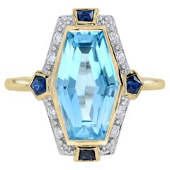 Elongated Hexagon Blue Topaz Diamond Sapphire Art Deco Style Ring in 9K gold