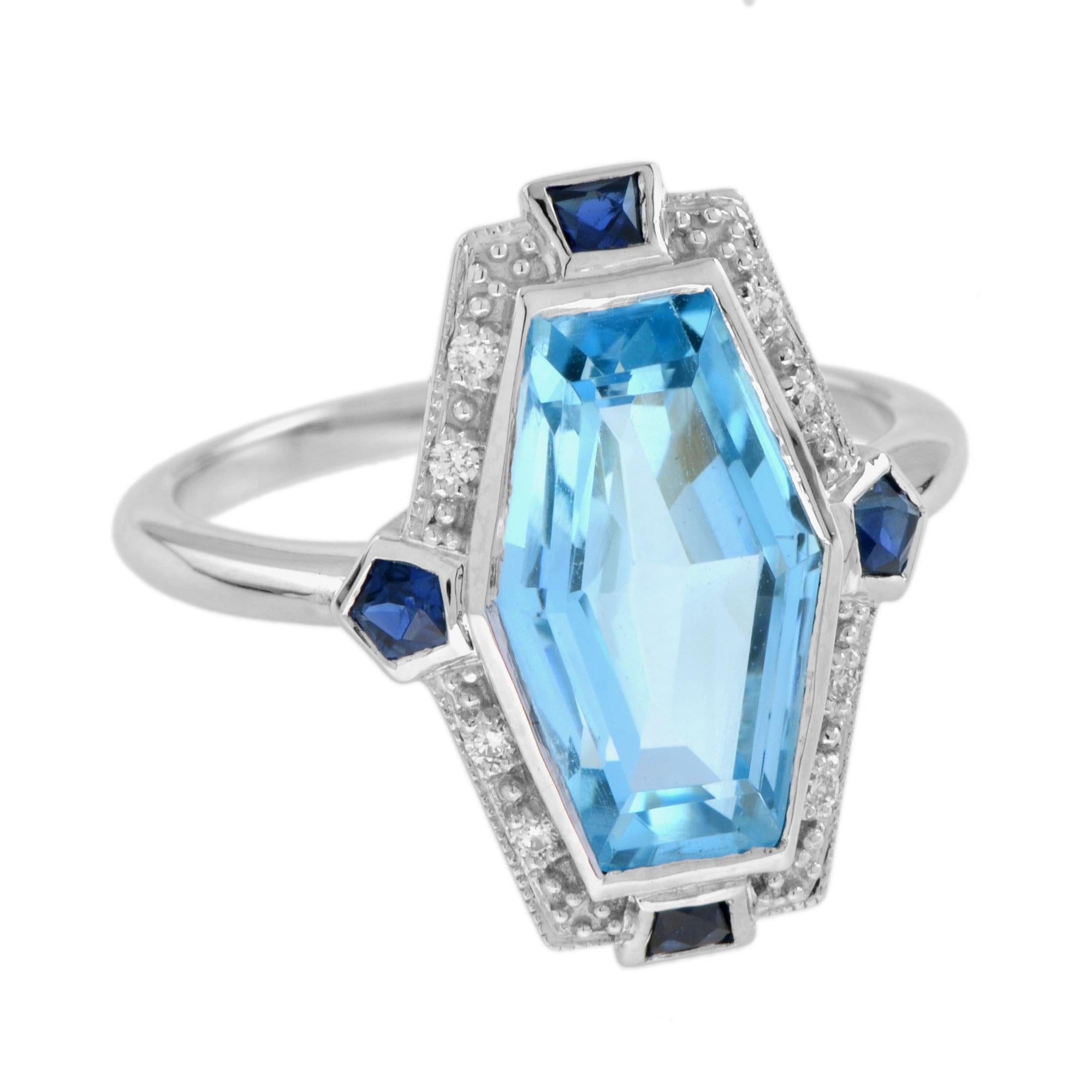 This charming ring features a 4.50 carat elongated hexagon shaped sky blue topaz, set in bezel setting, with French cut sapphire and diamond halo. The diamond halo mirrors the shape of the center stone giving a super cool touch. Wear this ring as a