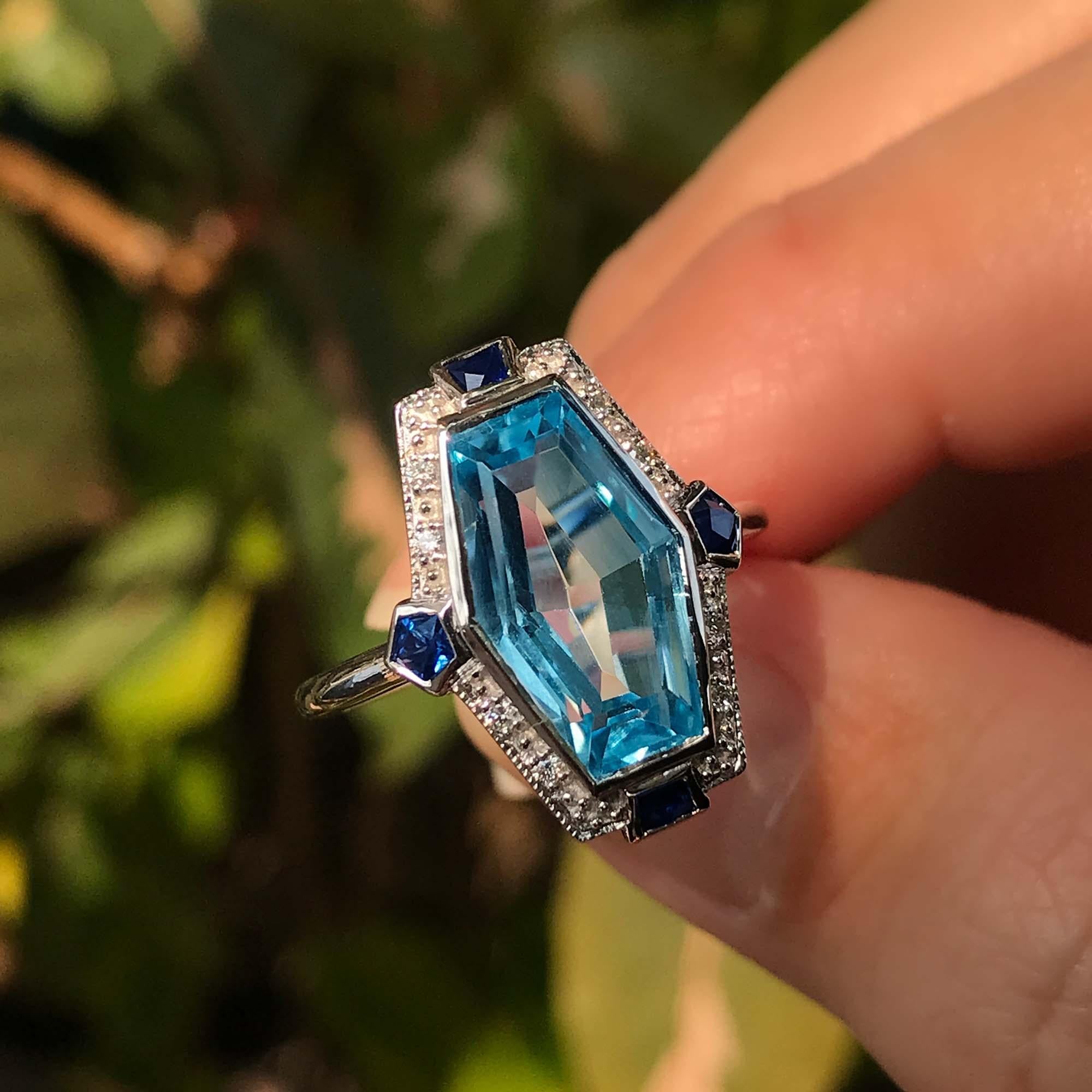 Elongated Hexagon Blue Topaz & Diamond Sapphire Art Deco Style White Gold Ring For Sale 1