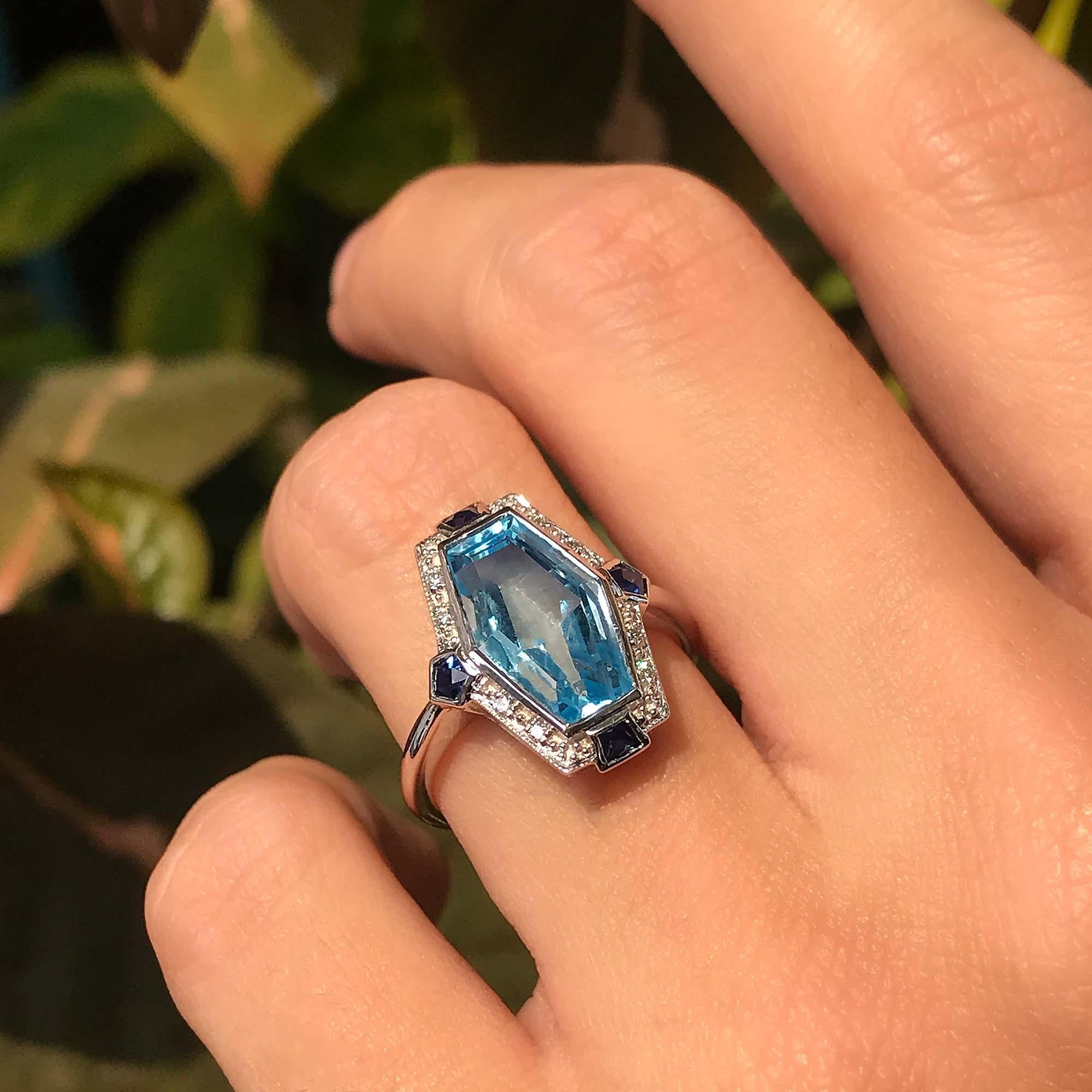 Elongated Hexagon Blue Topaz & Diamond Sapphire Art Deco Style White Gold Ring For Sale 2