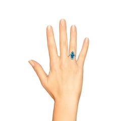 Elongated Hexagon London Blue Topaz Emerald Diamond Ring in 14K White Gold
