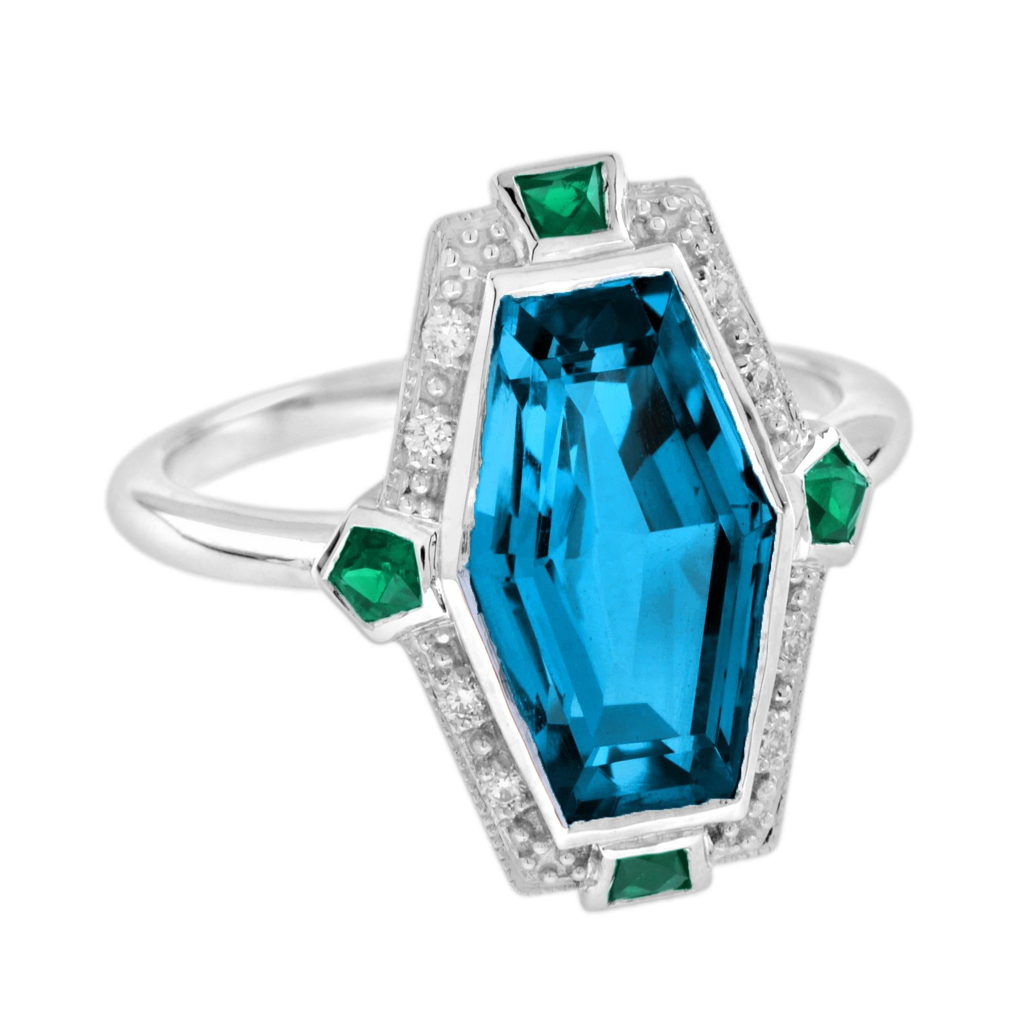 Art Deco Elongated Hexagon London Blue Topaz Emerald Diamond Ring in 14K White Gold For Sale