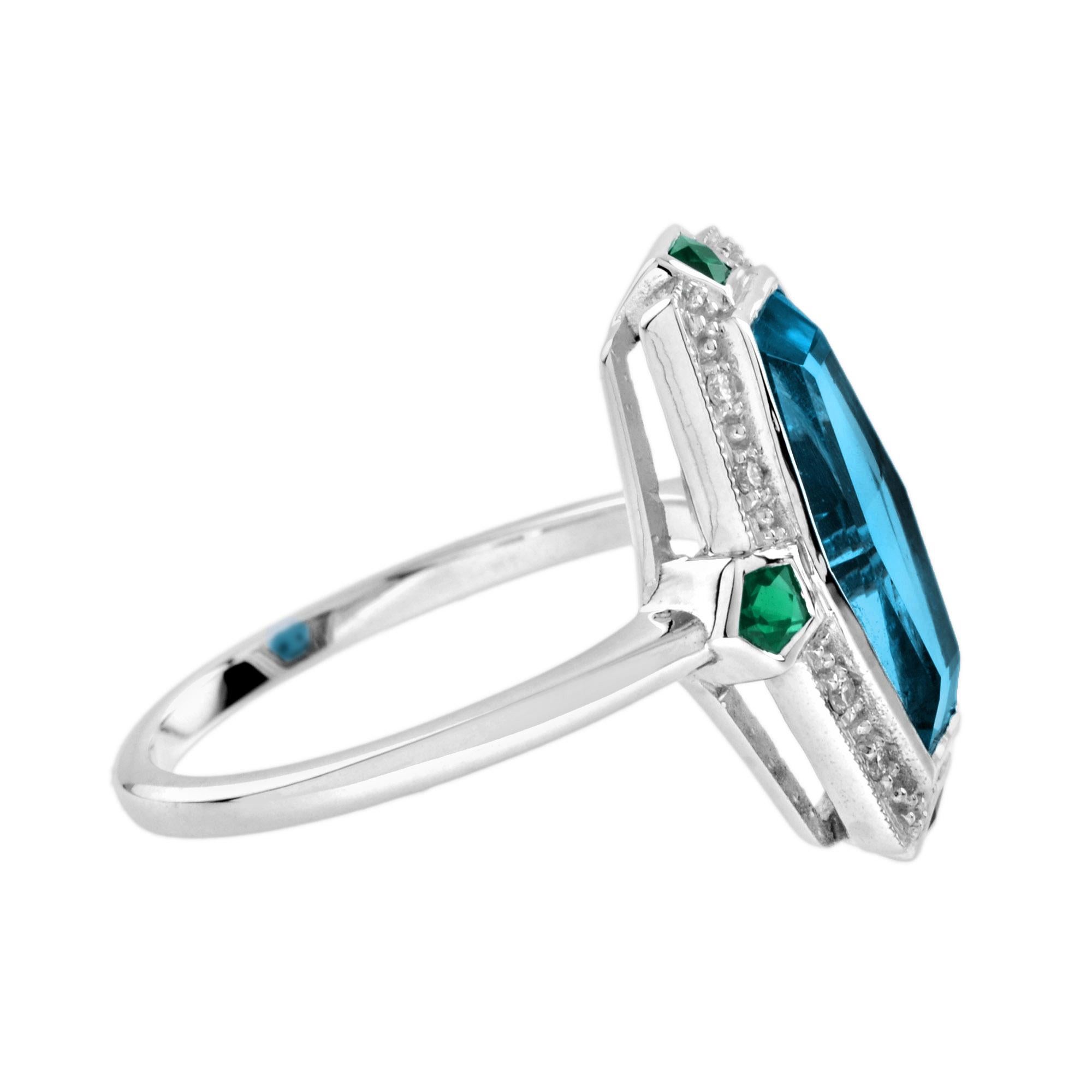 Hexagon Cut Elongated Hexagon London Blue Topaz Emerald Diamond Ring in 14K White Gold For Sale