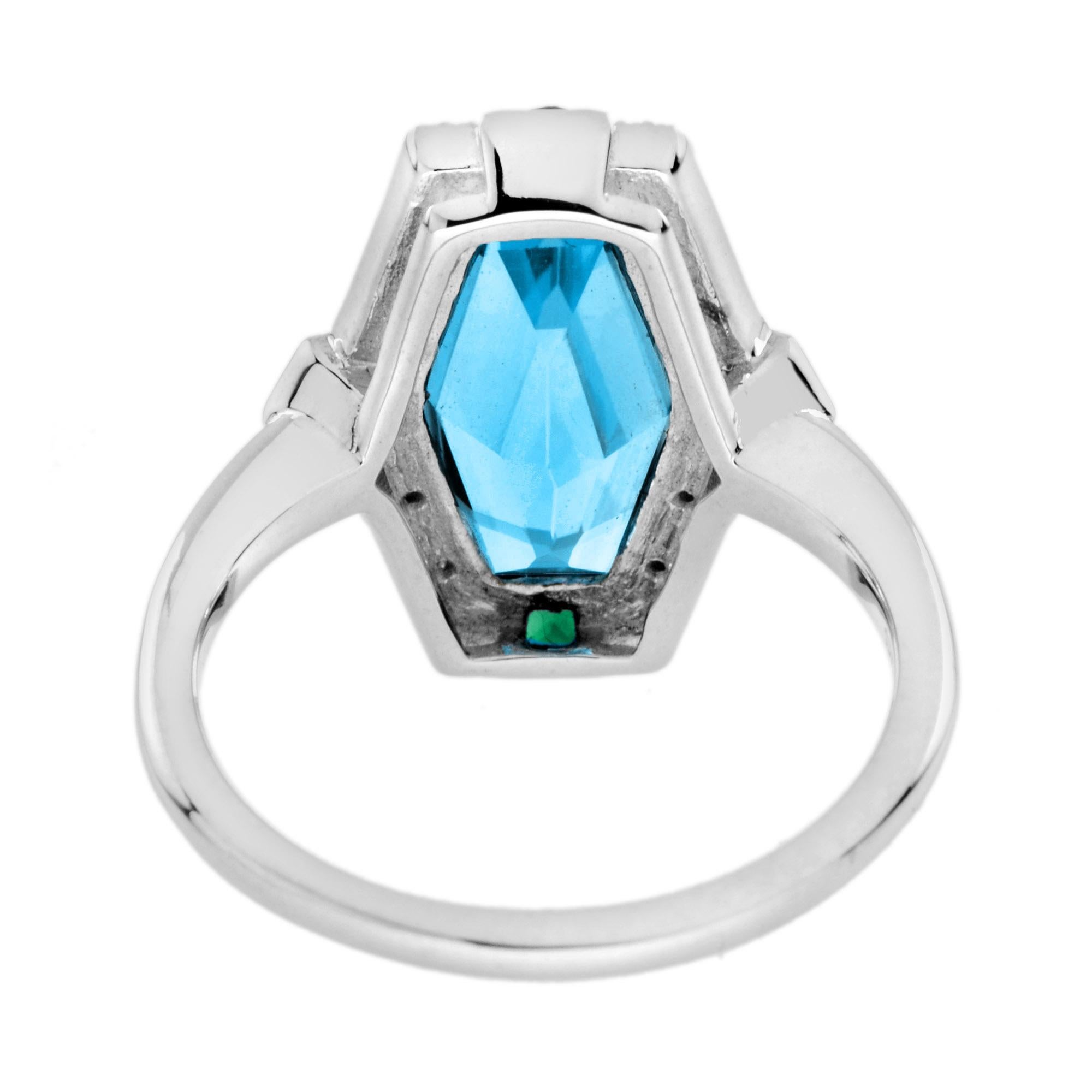 Elongated Hexagon London Blue Topaz Emerald Diamond Ring in 14K White Gold In New Condition For Sale In Bangkok, TH