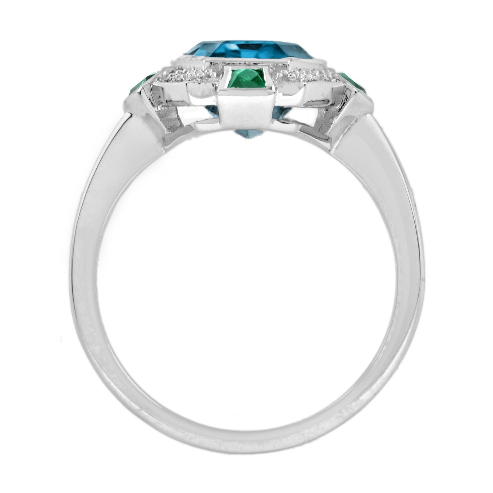 Women's Elongated Hexagon London Blue Topaz Emerald Diamond Ring in 14K White Gold For Sale